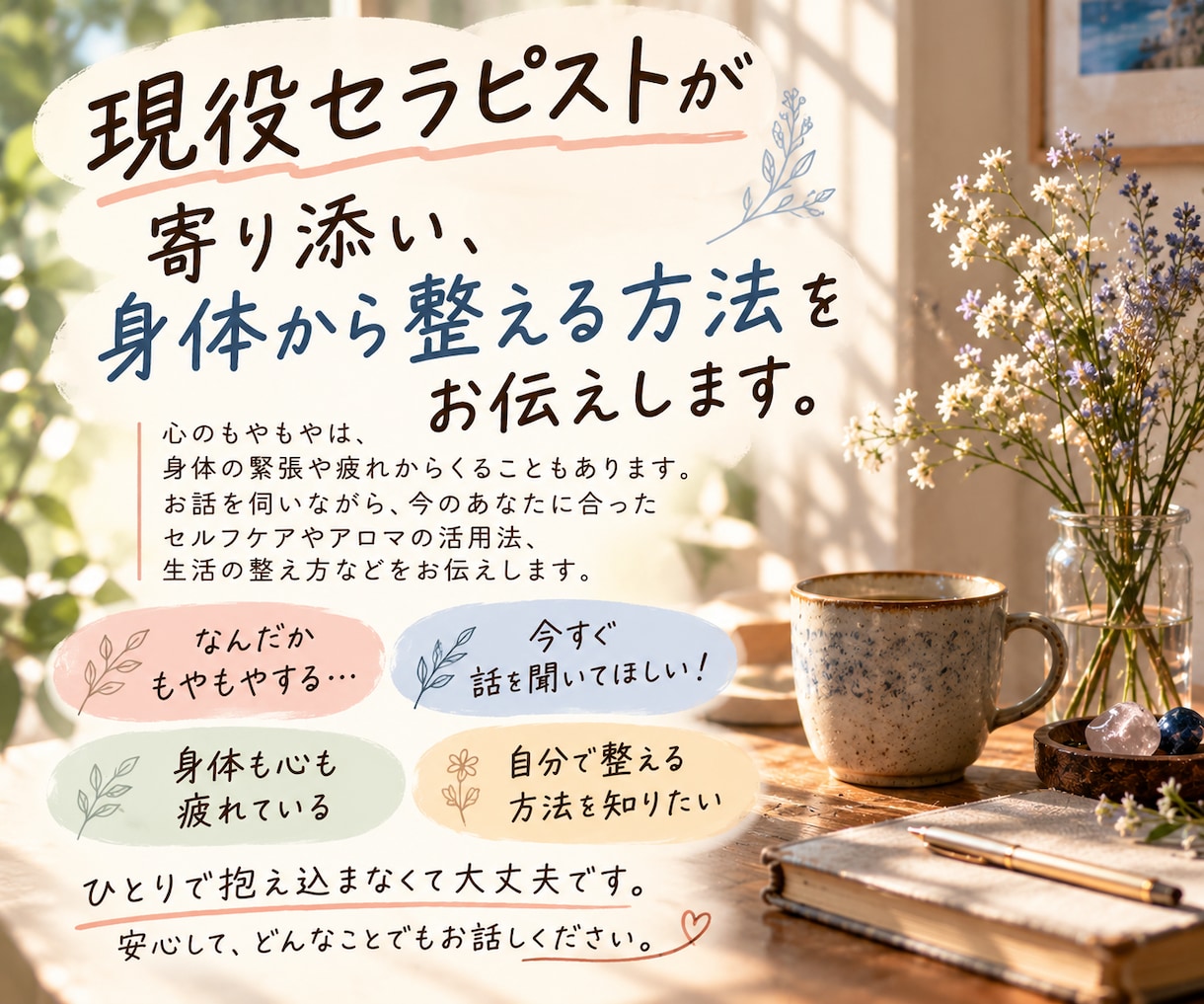 心のもやもや、直観で優しくお話をお聞きします 現役セラピストが寄り添い身体から整える方法をお伝えします イメージ1