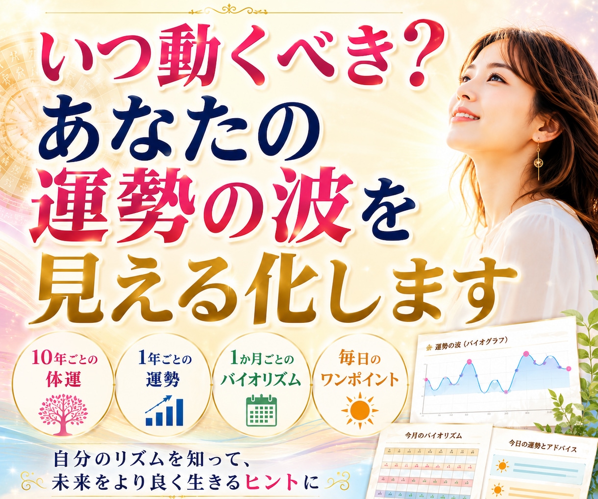 生年月日からあなたの運気の波を見える化します 10年・1年・1か月・毎日の運気と行動のヒントをお届けします イメージ1