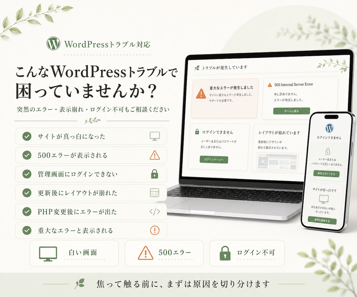WordPressの不具合・エラーを緊急復旧します サイトが真っ白・ログイン不可を原因から復旧 イメージ2