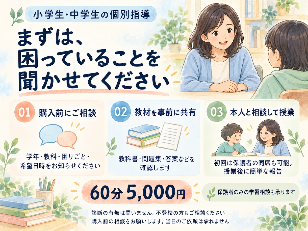 発達障がい・グレーゾーンの小中学生を指導します 家庭教師歴12年｜本人と相談し、取り組みやすい学び方を イメージ4