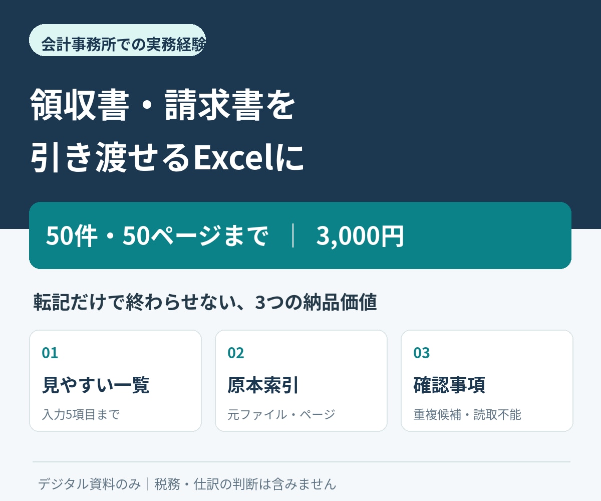 領収書をExcel整理し原本索引まで納品します 50件まで｜重複候補と確認待ちも一覧化 イメージ1