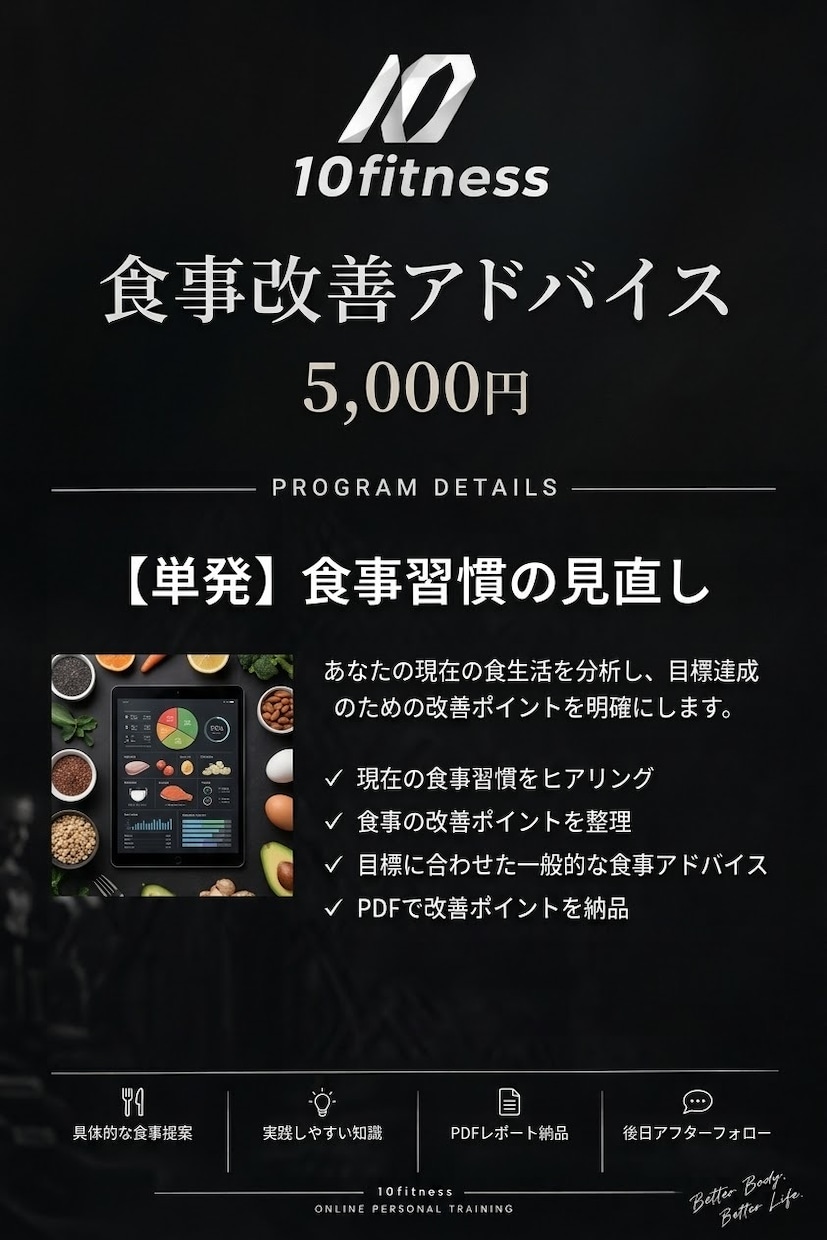 無理なく続けるための食事改善アドバイスを作成します 食事を整えることから、理想の身体づくりを。 イメージ2