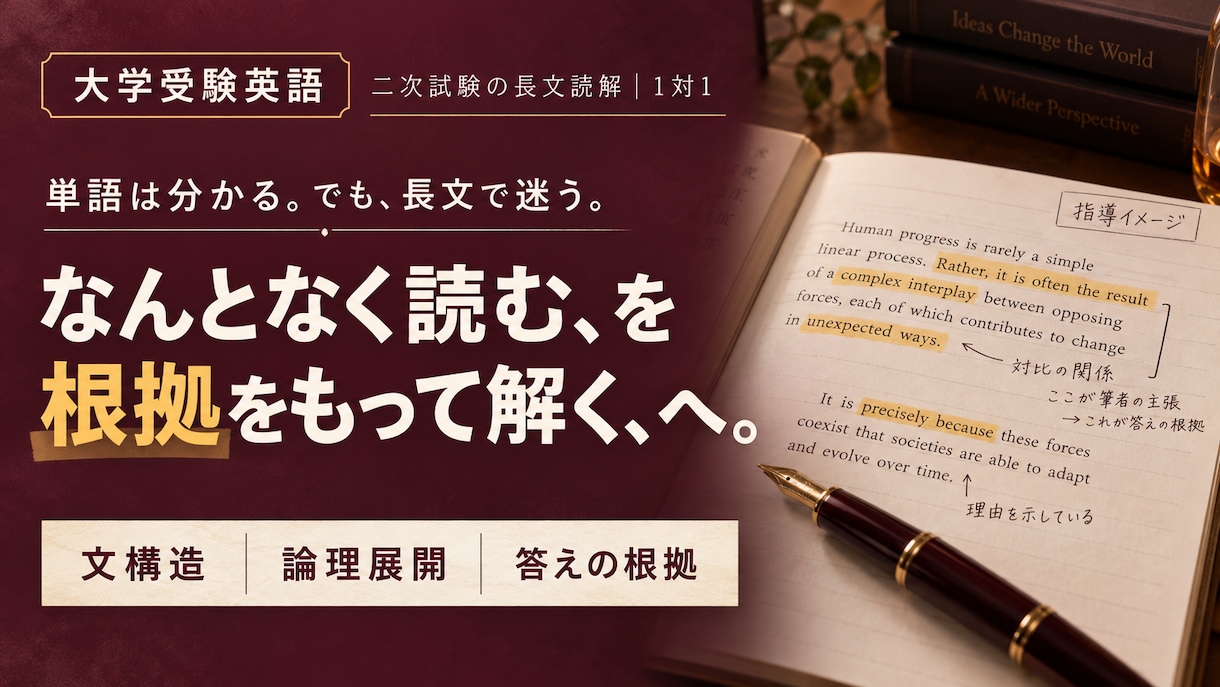 大学受験英語の長文読解をマンツーマン指導します 二次試験対策｜文構造・答えの根拠を1対1で確認 イメージ1