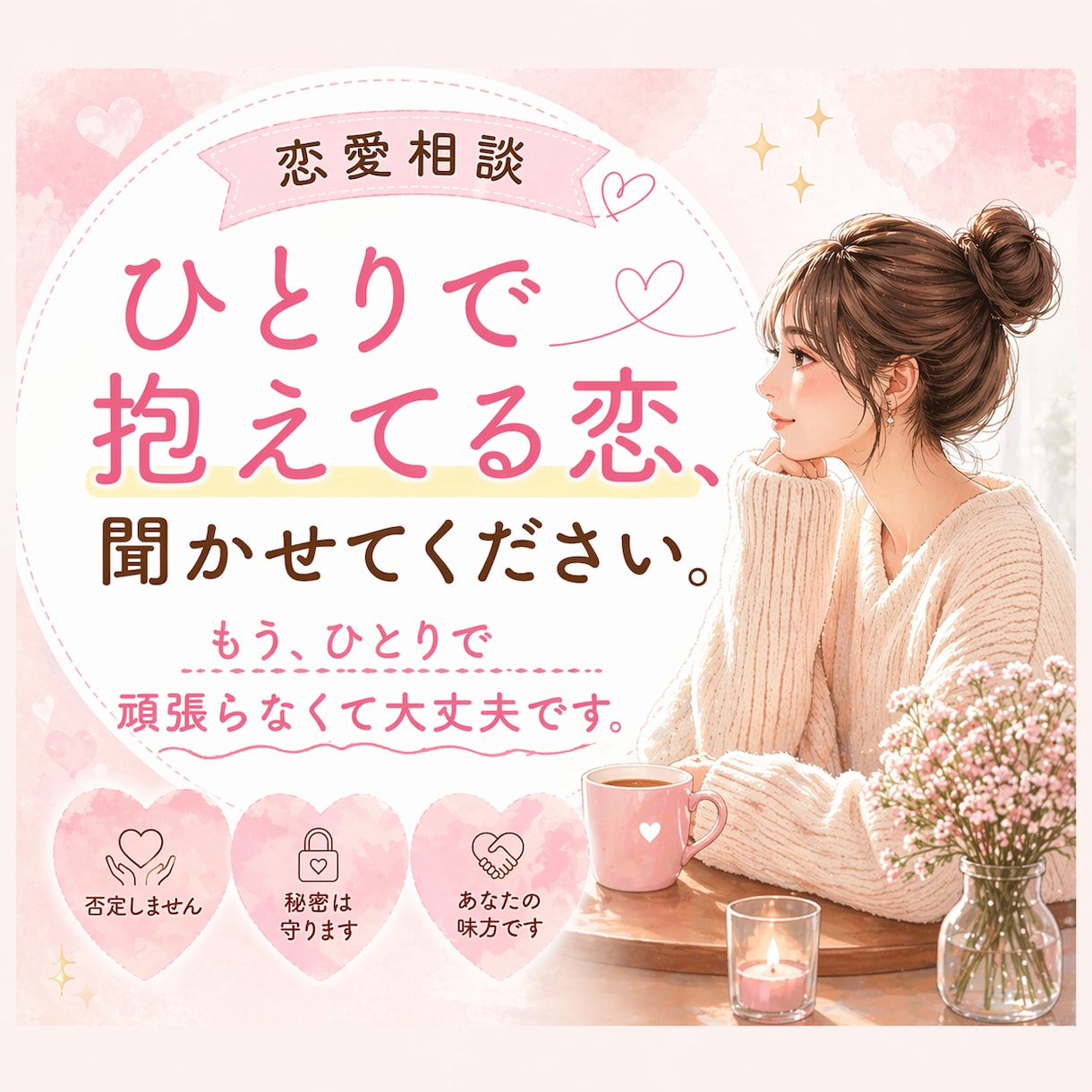 恋愛相談｜ひとりで抱えてる恋、否定せず聞きます うまく話せなくても大丈夫。今の気持ち、そのまま聞きます☺️ イメージ1