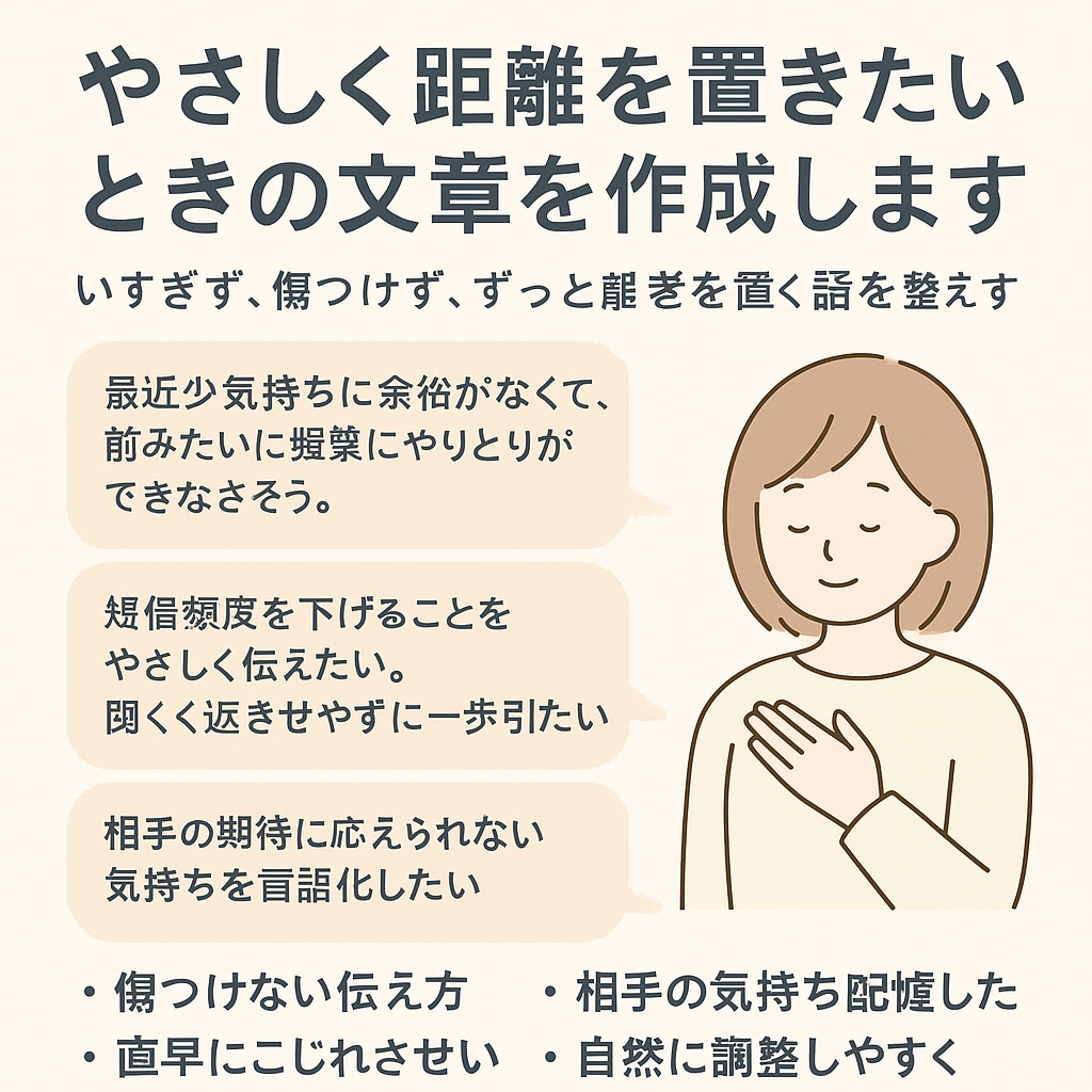やさしく距離を置きたいときの文章を作成します 言いすぎず、傷つけず、“そっと距離を置く言葉”を整えます。 イメージ1