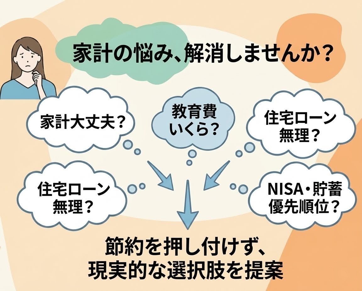 共働き子育て世帯の家計の不安を整理します FP1級が60分の相談を通して、家計の悩みを見える化します！ イメージ2