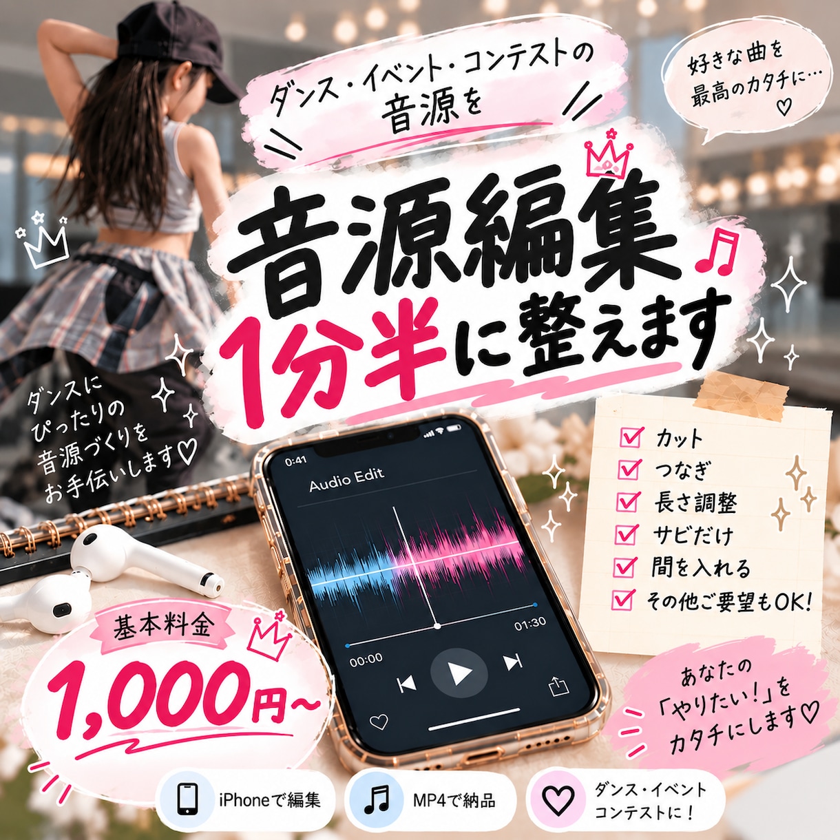 ダンスコンテスト用音源を1分半に編集します カット・つなぎ・長さ調整、イベント用音源編集 イメージ1