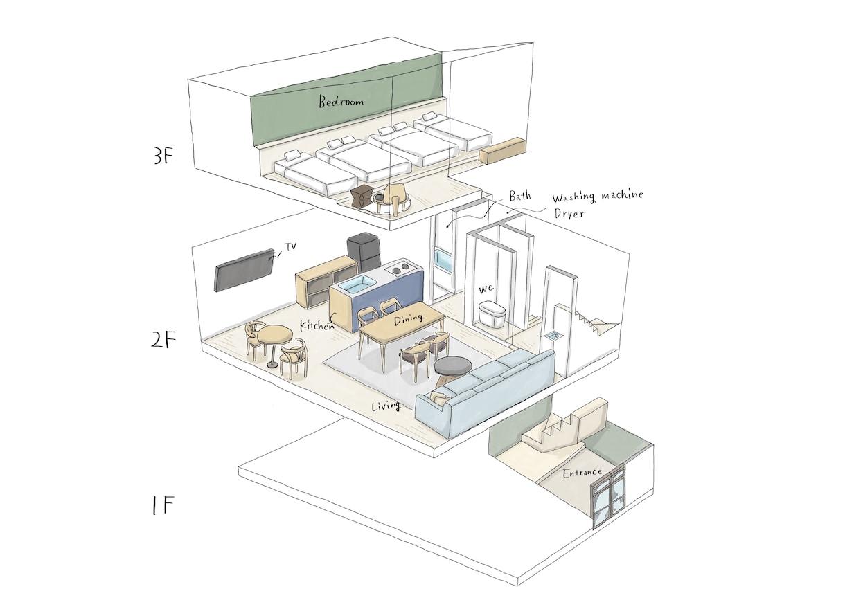 手書きで温かみのある俯瞰図作成します ホテルやお店、オフィスの内装のイメージに イメージ7