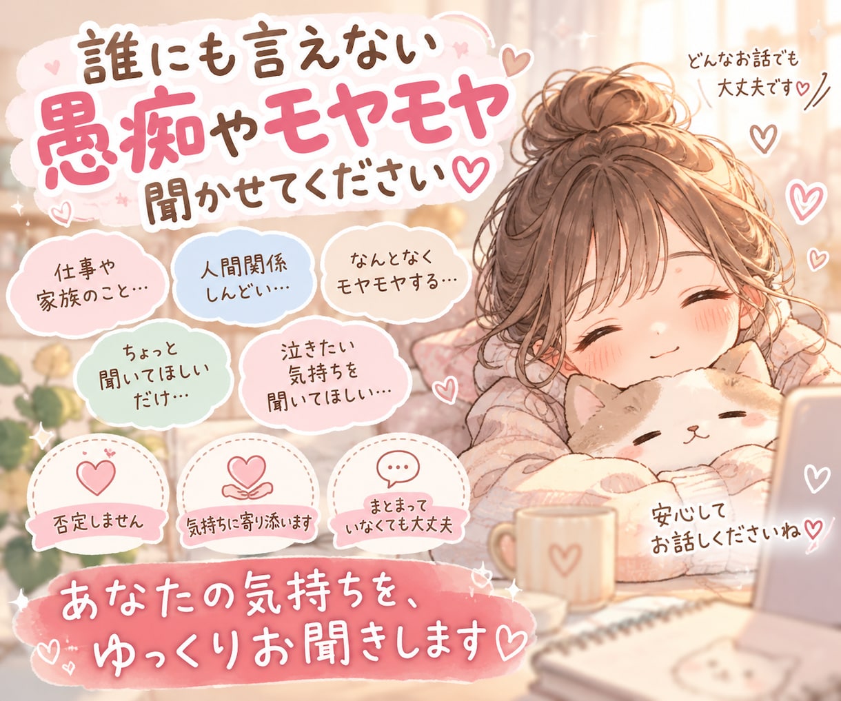 あなたの愚痴何でもききます 誰にも言えない愚痴も、否定せず聞きます。 イメージ1