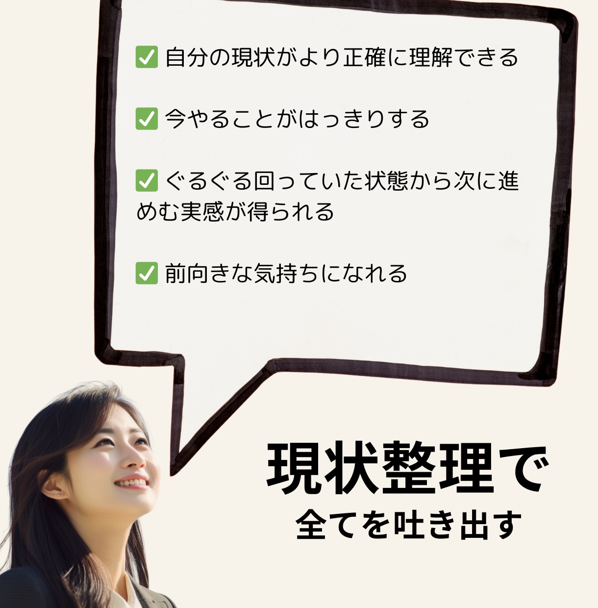 思っていることを話をするだけで現状整理できます 現状が正確にわかれば次にやることが明確になり行動できます イメージ3