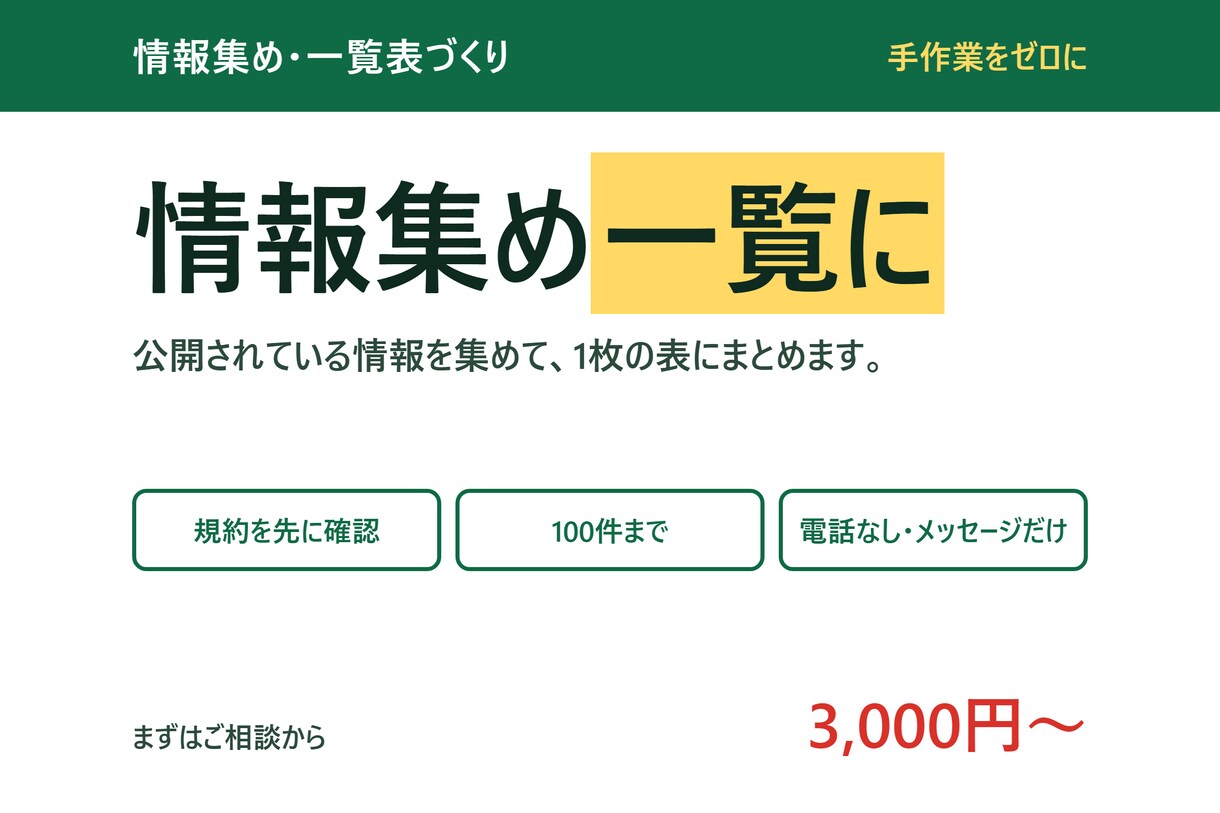 公開されている情報を一覧表にまとめます 1件ずつ開いてコピーしていた作業を、表1枚に イメージ1