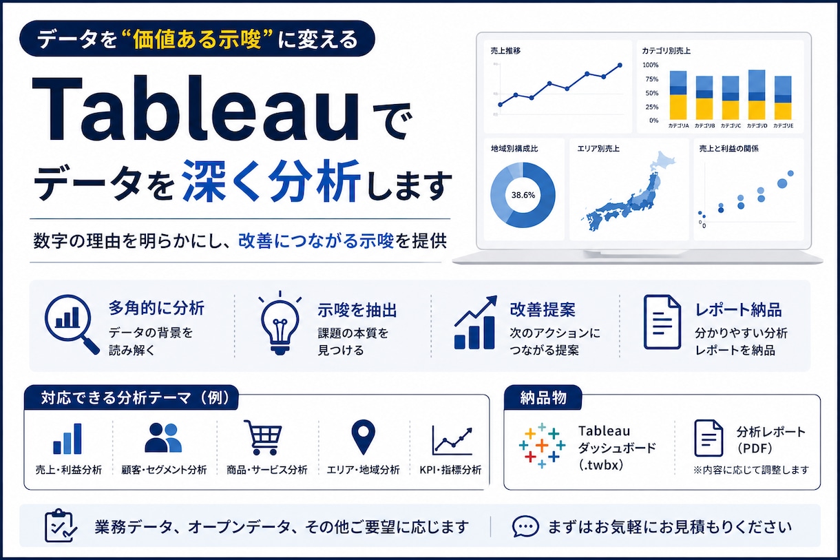 Tableauでお手元のデータを深く分析します 業務改善等につながる示唆をご提供いたします イメージ1