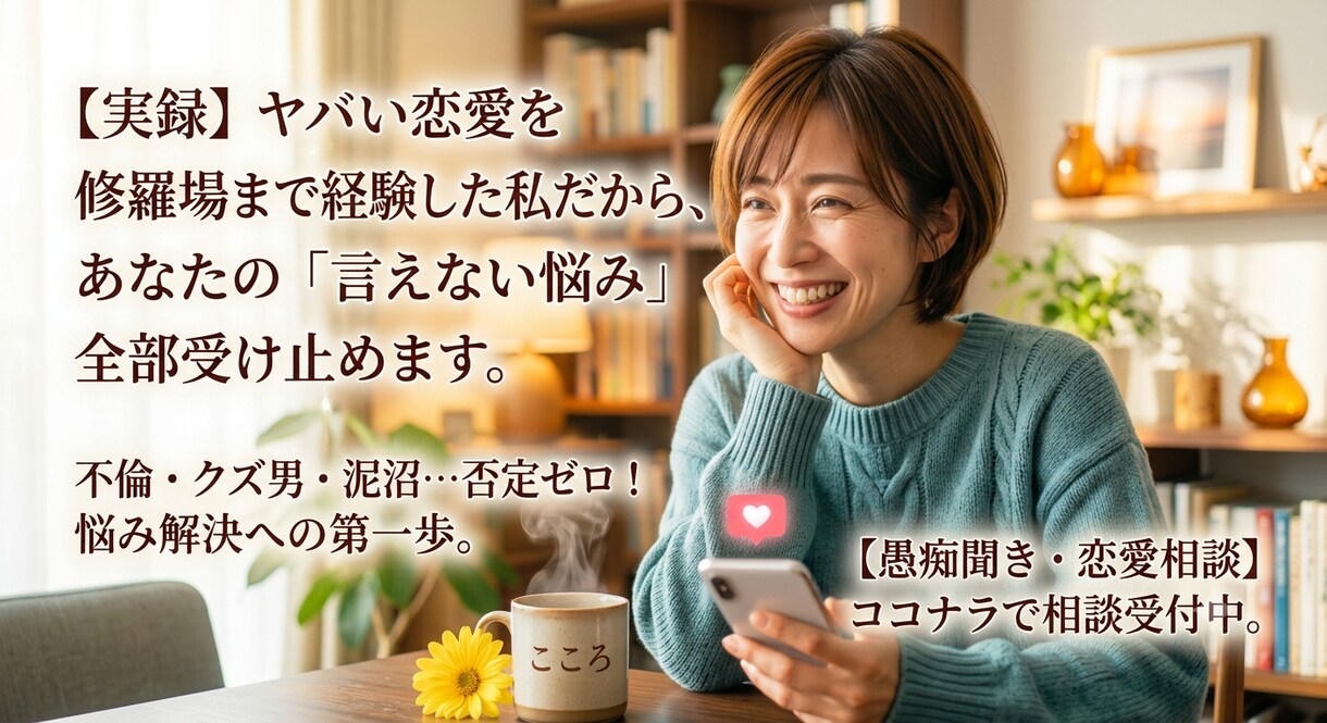 不倫・クズ男…否定ゼロ！誰にも言えない悩み聞きます ヤバい恋愛を修羅場まで経験。「言えない悩み」受け止めます。 イメージ1