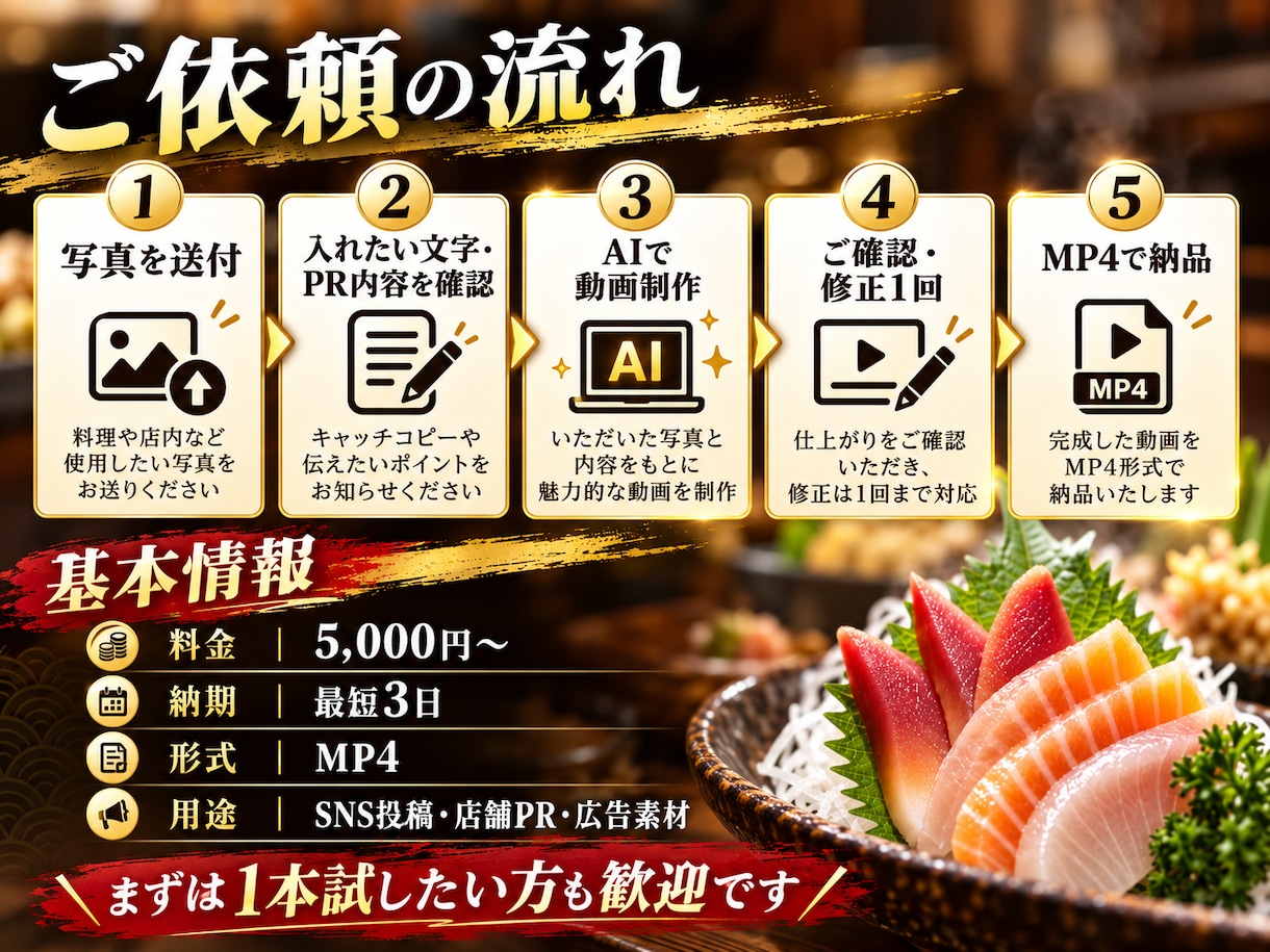 飲食店の写真からSNS用PR動画を制作します 料理写真・店舗写真から、魅力が伝わる縦型PR動画に仕上げます イメージ3