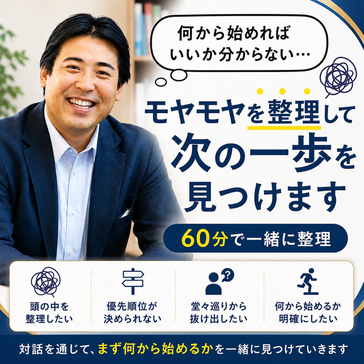 考えを整理し、何から始めたらいいかを明確にします 60分で一緒にモヤモヤを整理し、何から始めるかを明確にします イメージ1