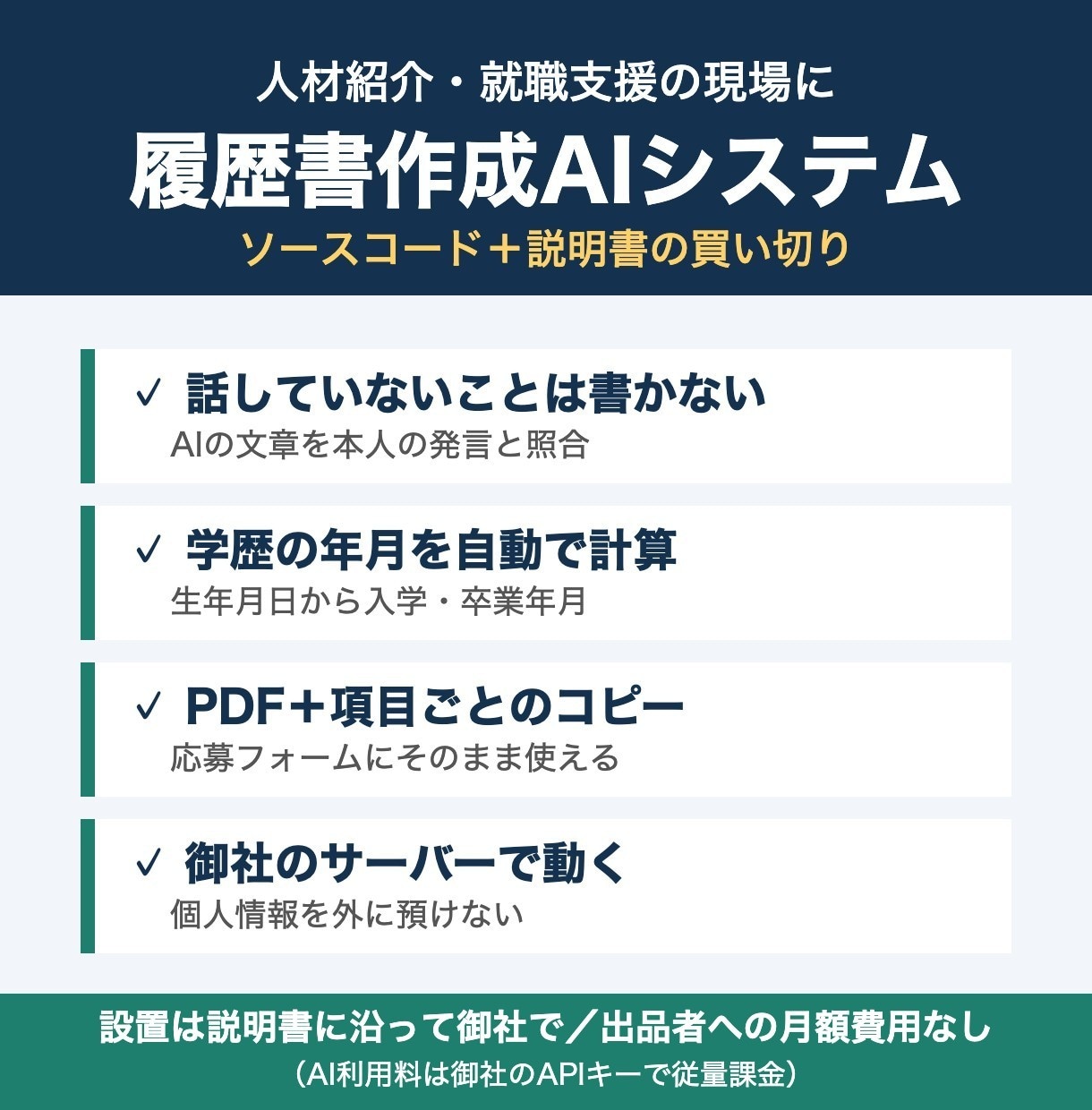 履歴書作成AIシステムを買い切りで販売します 求職者が話していないことは書かない履歴書作成AI イメージ1