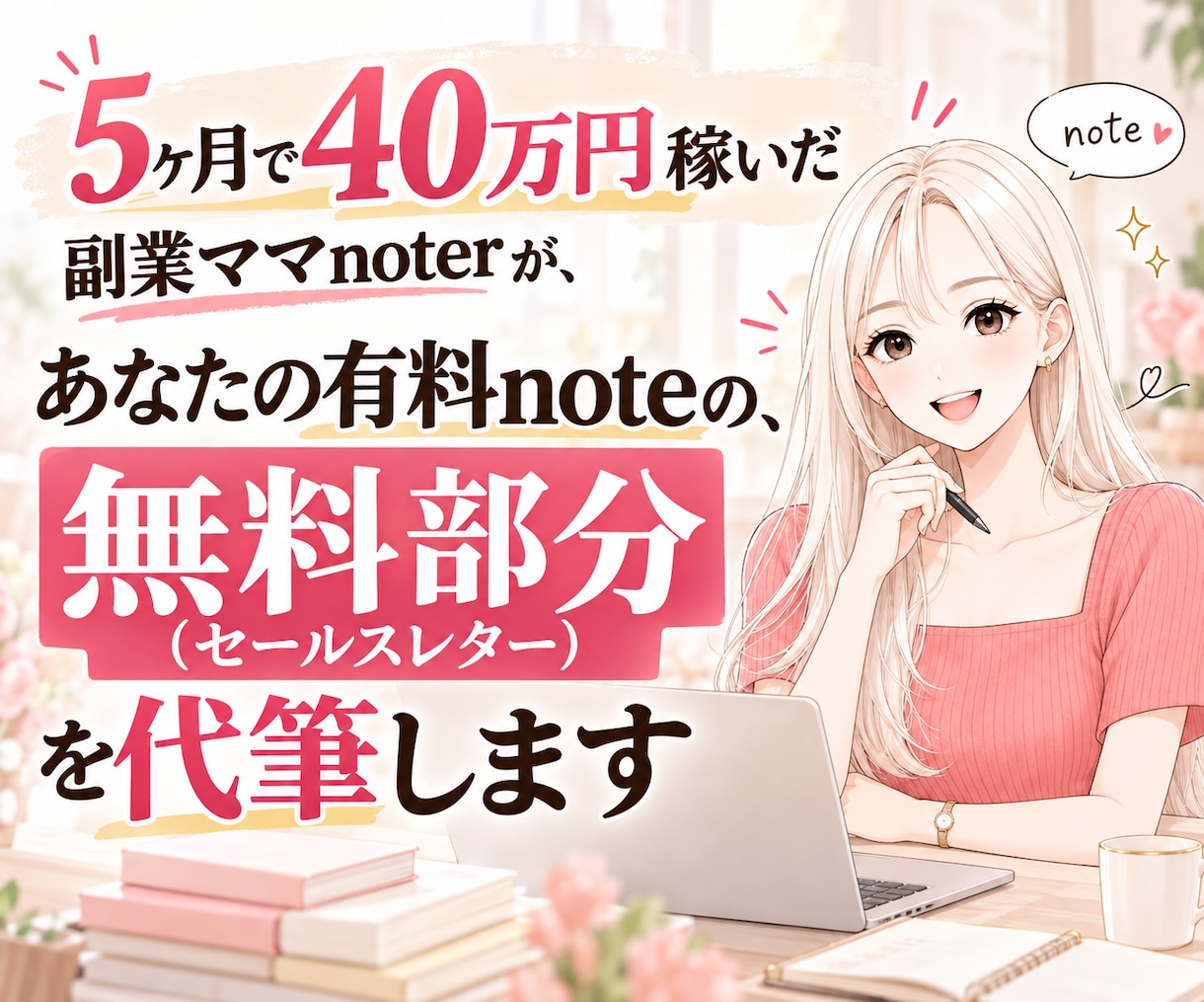noteが売れない人へ。無料部分を代筆します 5ヶ月で40万円稼いだnoterが「売れる形」に変身させます イメージ1