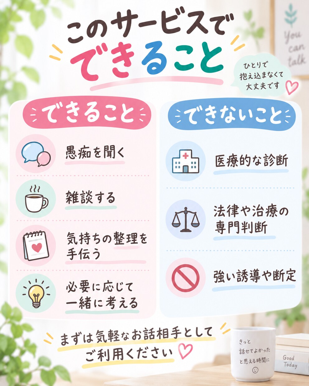 愚痴も雑談も、気軽にお話を聞きますます 5分だけでもOK｜まとまってなくても大丈夫です イメージ5