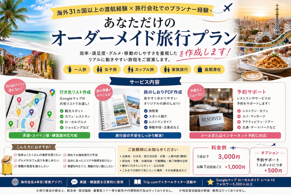 海外経験豊富元旅行会社勤務｜旅のしおり作成します レストランから移動手段まで！あなた専用の海外旅行プラン作成 イメージ1
