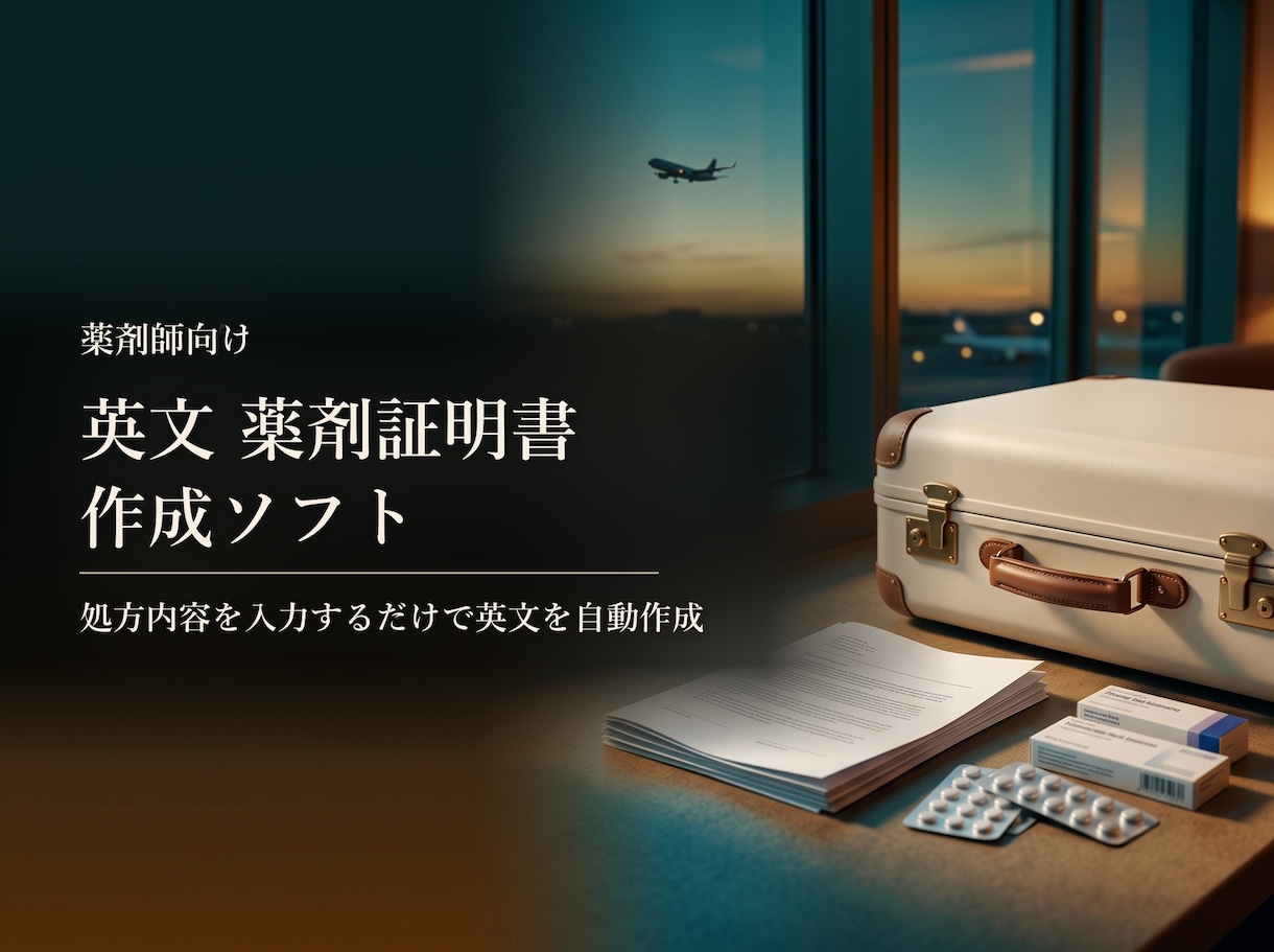薬剤師向け 英文薬剤証明書の作成ソフトを提供します 薬品名を数文字入力→英文・写真・薬剤情報まで自動作成 イメージ1