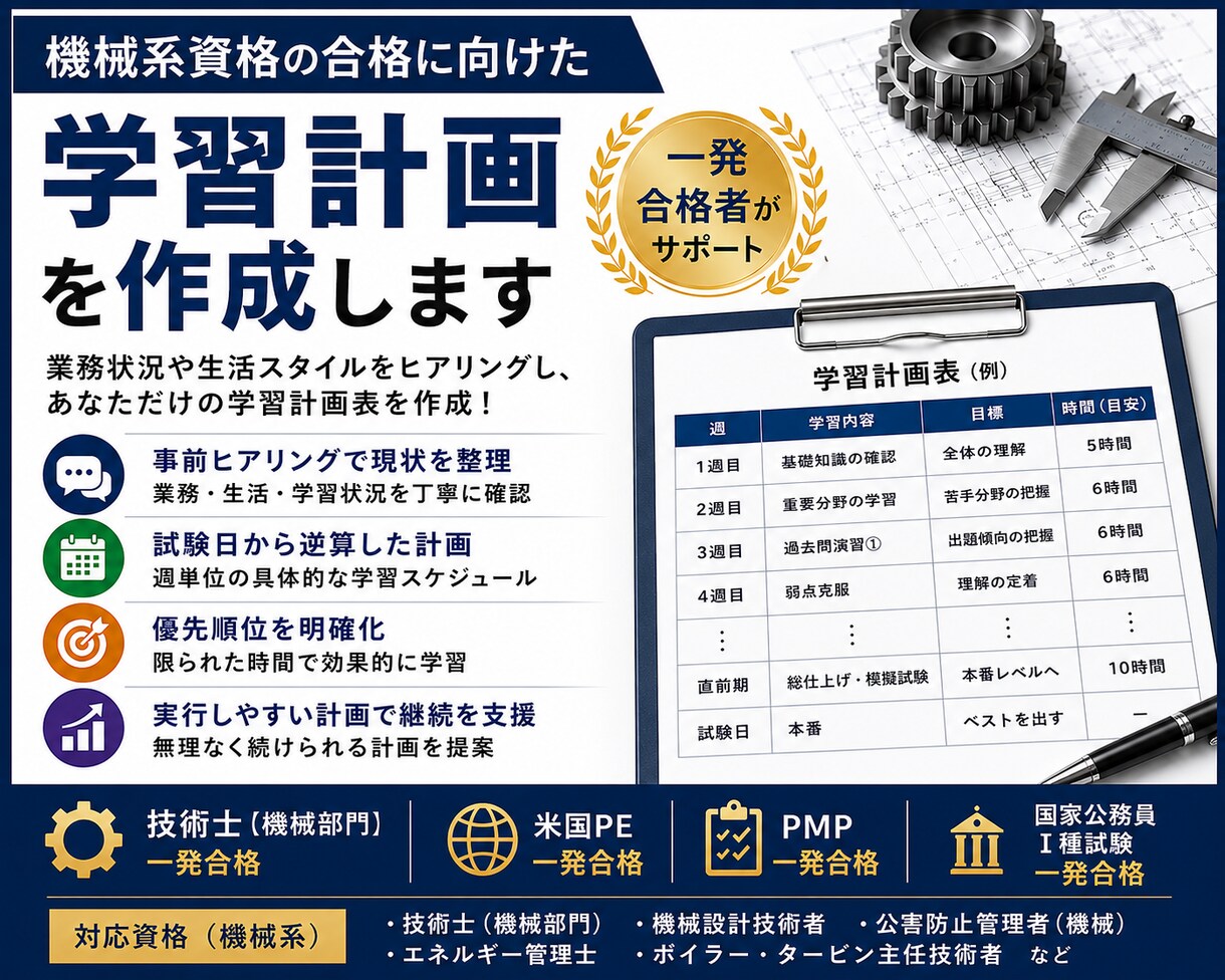 技術系資格の合格に向けた学習計画を作成します 技術士・PE一発合格の現役技術者があなたの学習計画を作成 イメージ1