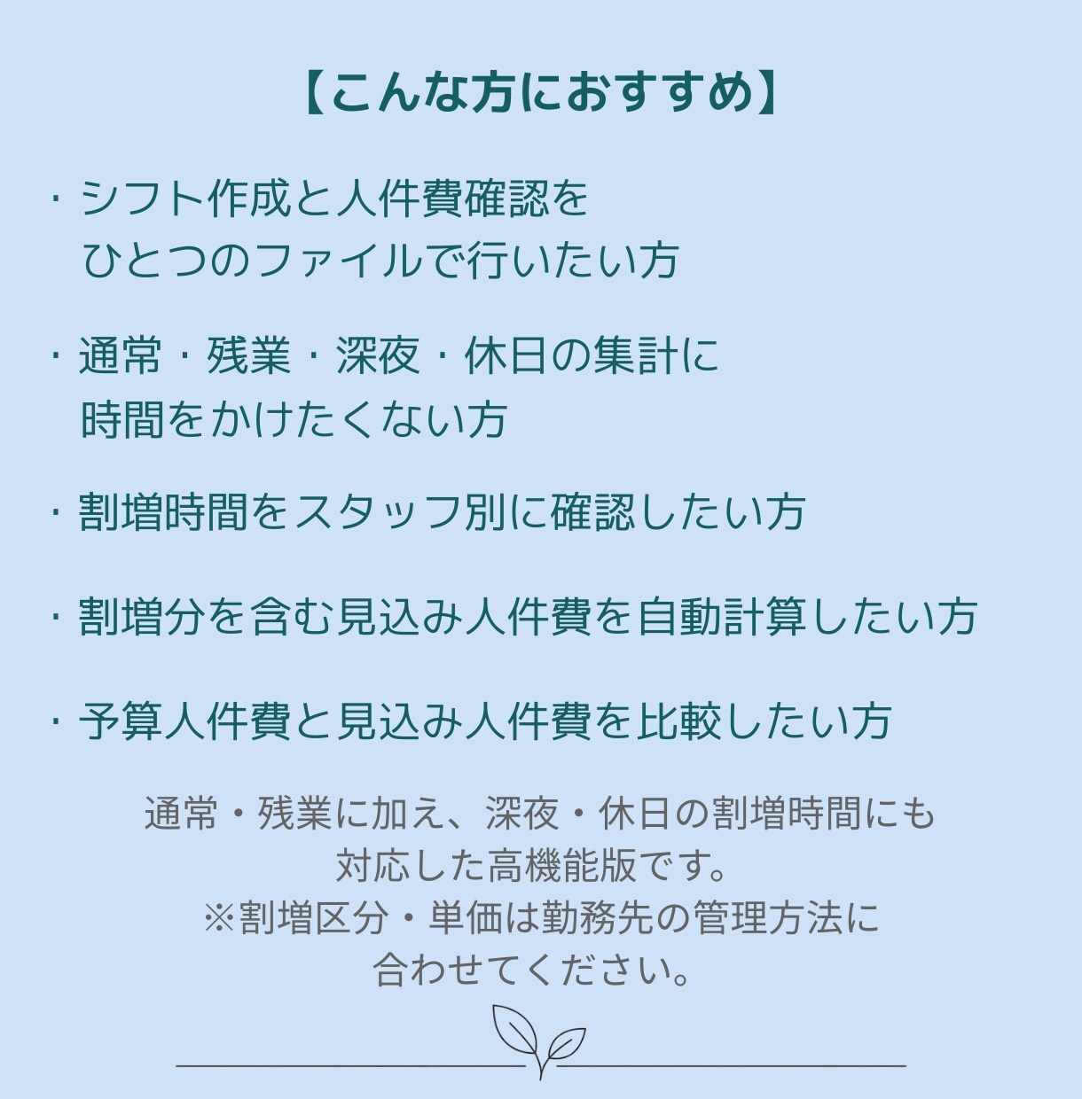 店舗向けシフト表・人件費管理表を販売します 入力は予算と勤務時間だけ｜人時・人件費を自動集計 イメージ8