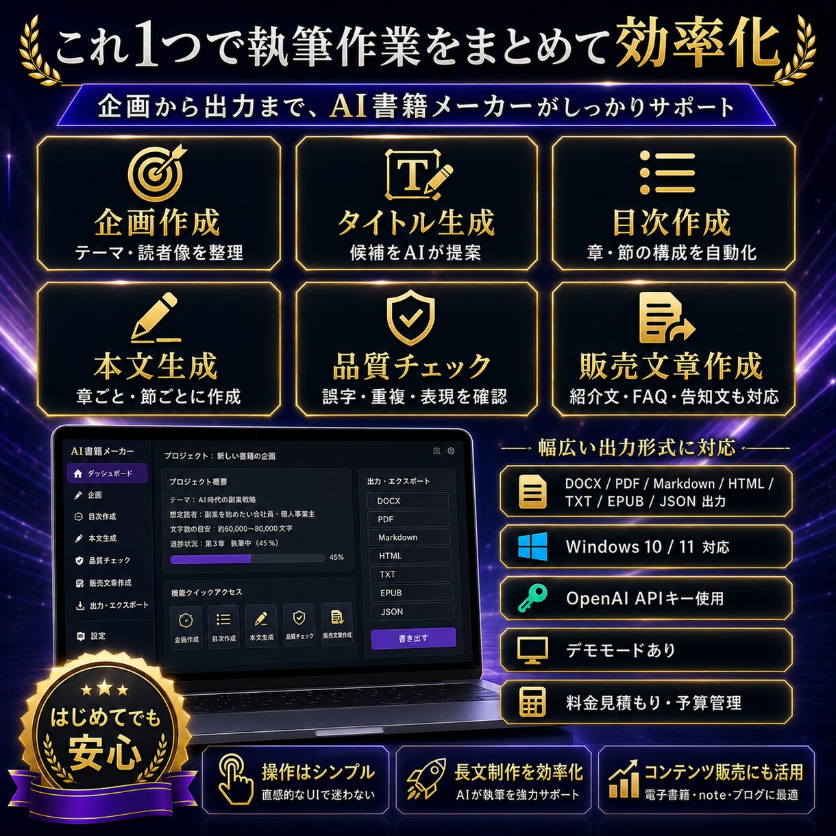 書籍・ブログ・noteをAIで一括作成します 企画・目次・本文・PDF出力までこれ1つ｜プロンプト不要 イメージ3