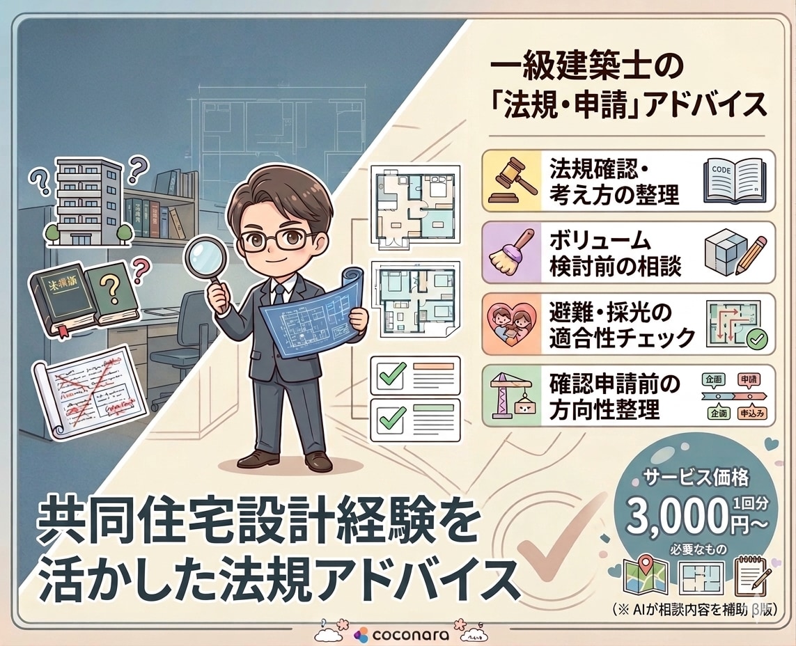 共同住宅の建築基準法相談に乗ります 共同住宅設計経験を活かして対応します イメージ1
