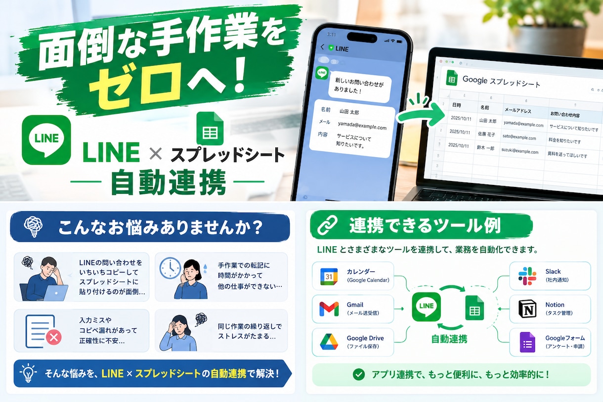 顧客対応を自動化！LINEとシートを連携します 毎日のコピペ作業は不要！予約や問い合わせを自動で転記・管理 イメージ1