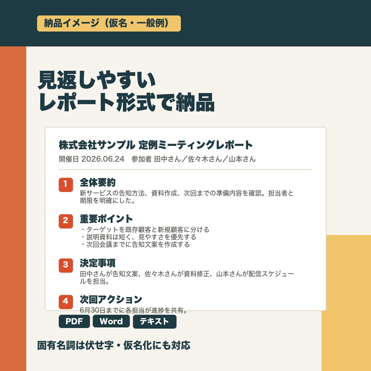音声・動画を文字起こしして要約レポート化します 会議・授業・セミナー・講演・研修内容を見返しやすく整理 イメージ3