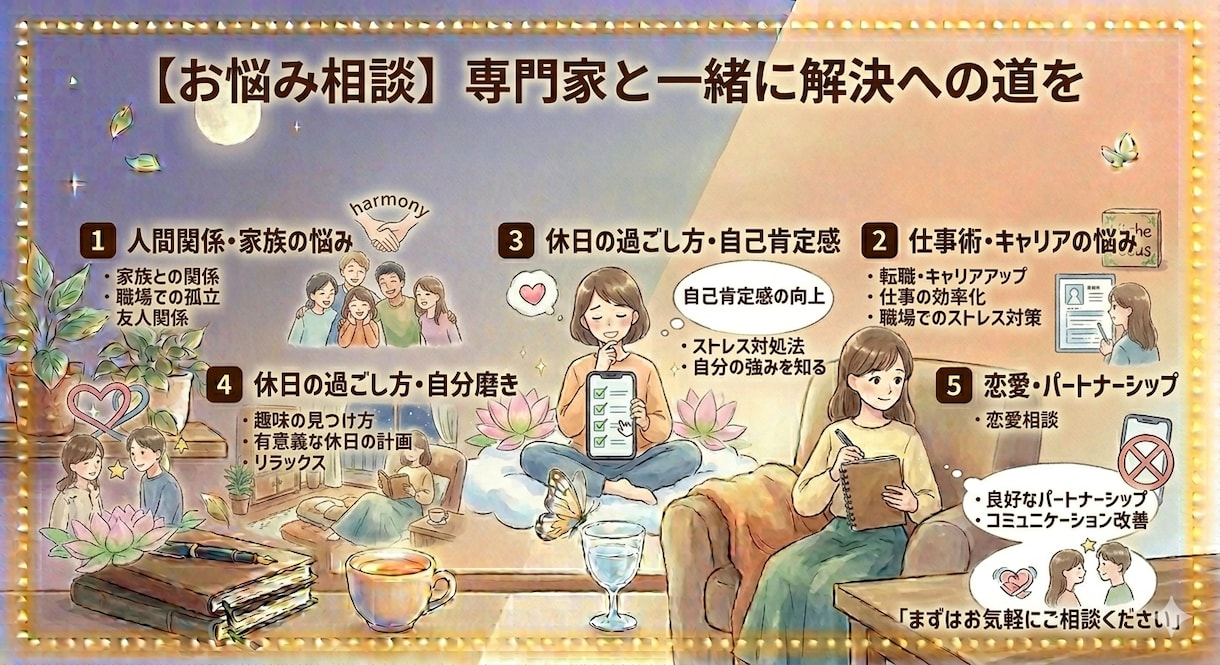 繊細さんの心を癒すお悩み相談受けます HSP専門繊細さんの心を癒すお悩み相談～人間関係・仕事・恋愛 イメージ1