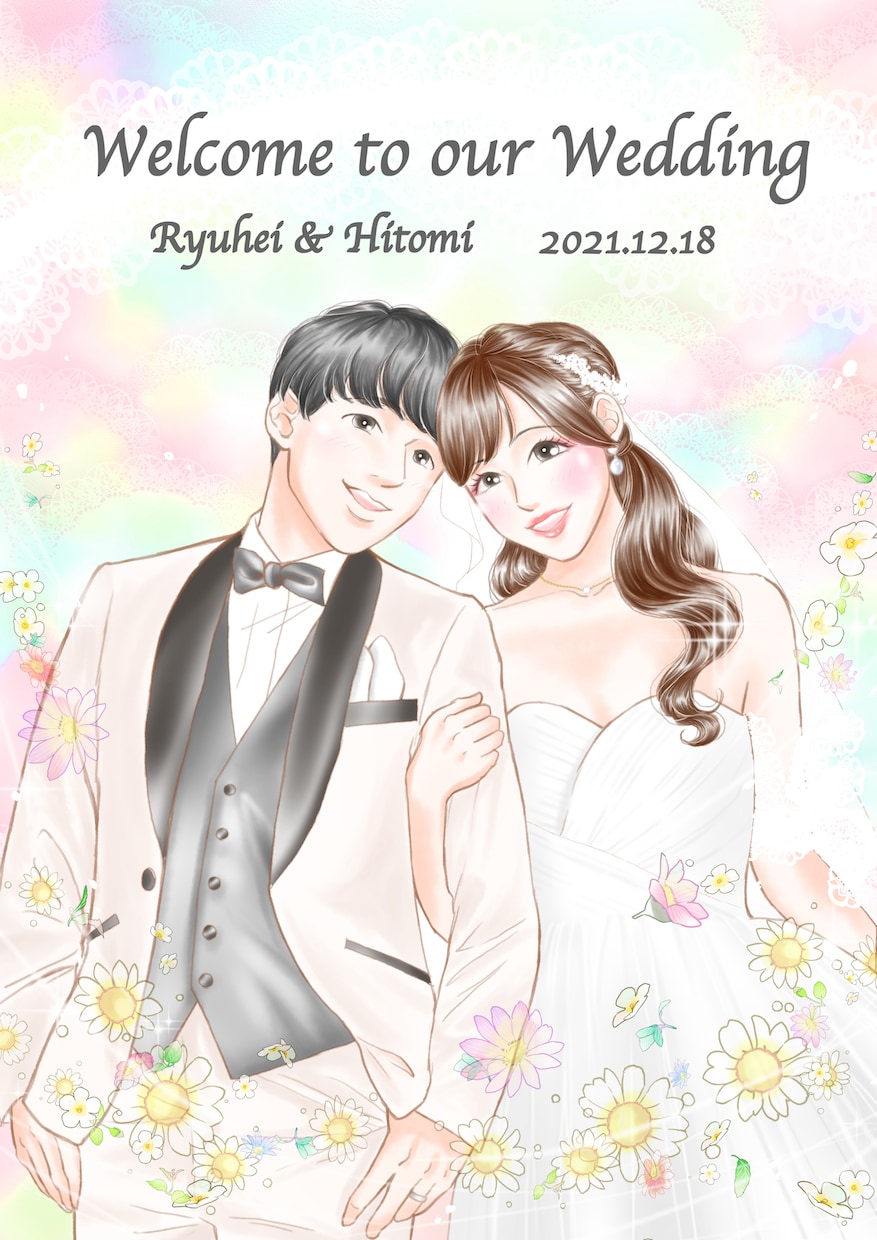 少女漫画風のウエルカムボード描きます 少女漫画の主人公になれる♡幸せいっぱいの二人の世界を描きます イメージ2