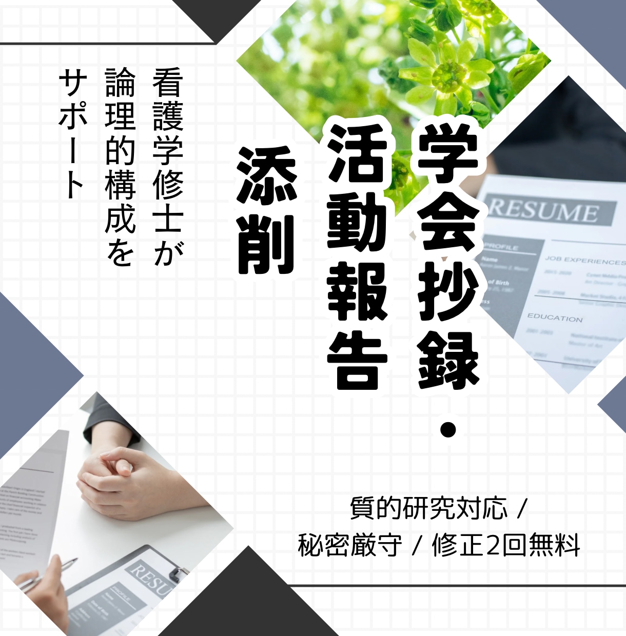 看護学修士｜質的看護研究の抄録構成を添削します 講師経験を活かし、「伝えたい想い」を論理的に導きます。 イメージ1