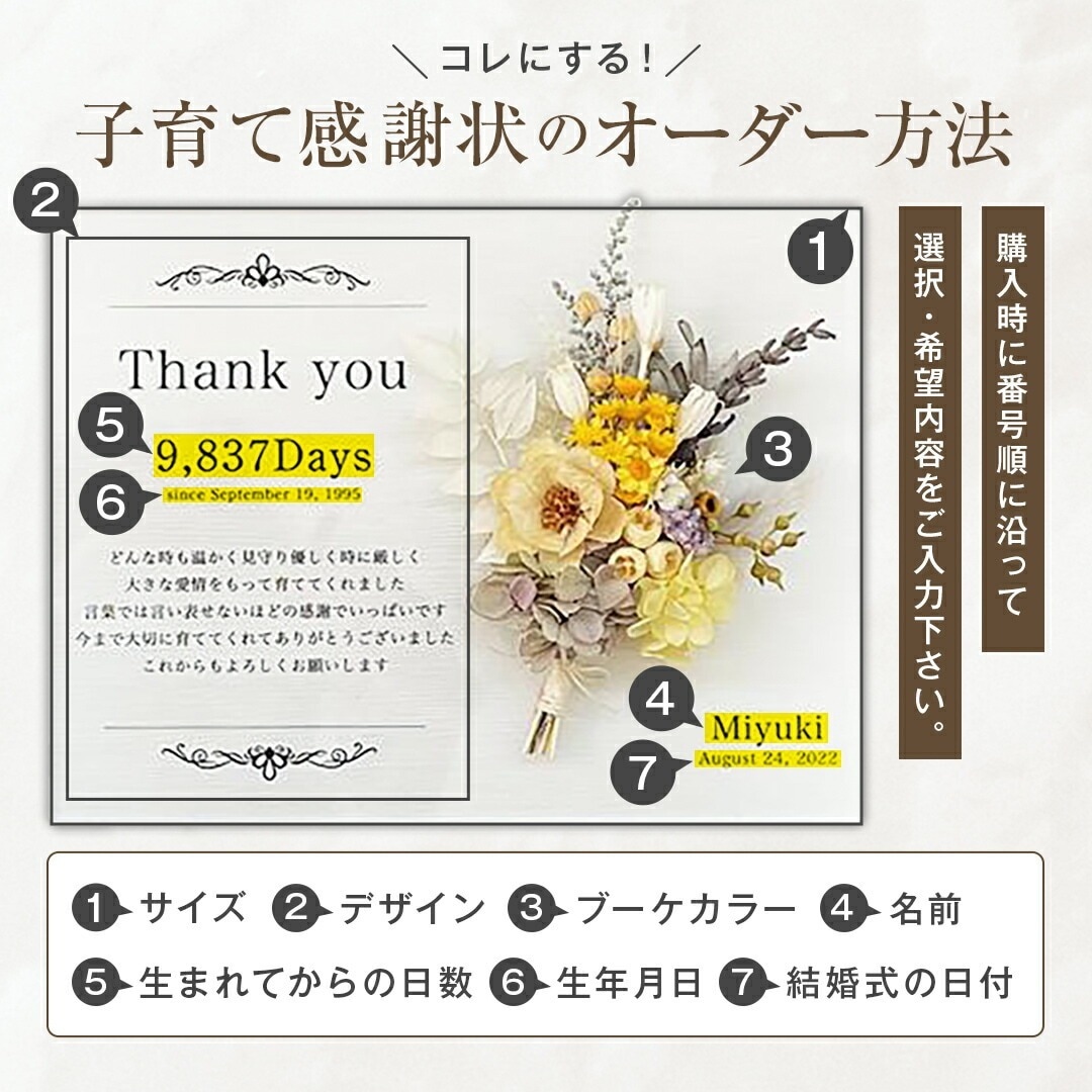 親御様への贈呈用記念品作成します 高級アクリルにブーケを付けたオシャレな子育て感謝状 イメージ7