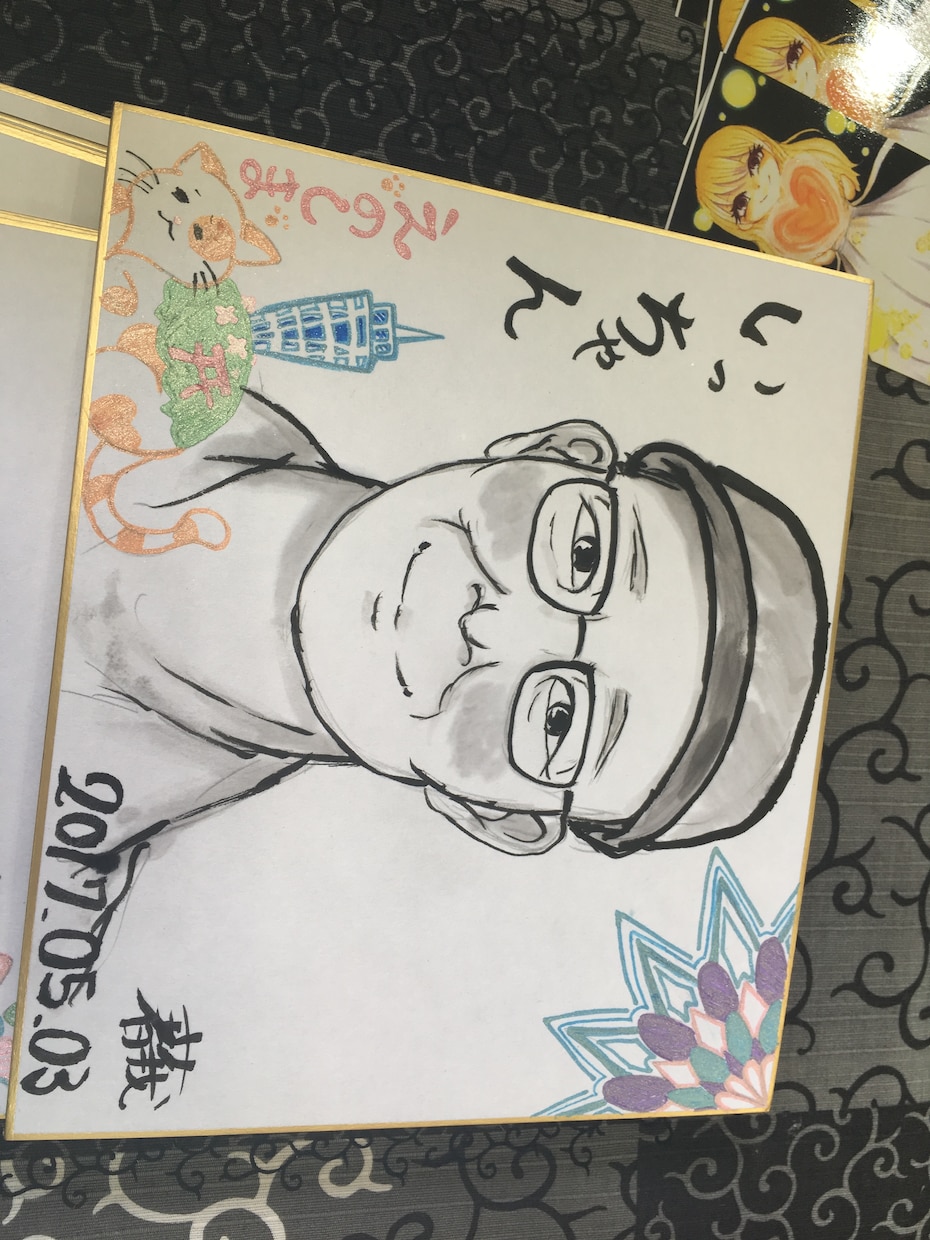 原画郵送可 激安！似顔絵オーダー承ります キラキラカラフルな曼荼羅模様を施した色紙に水墨画の似顔絵 イメージ4