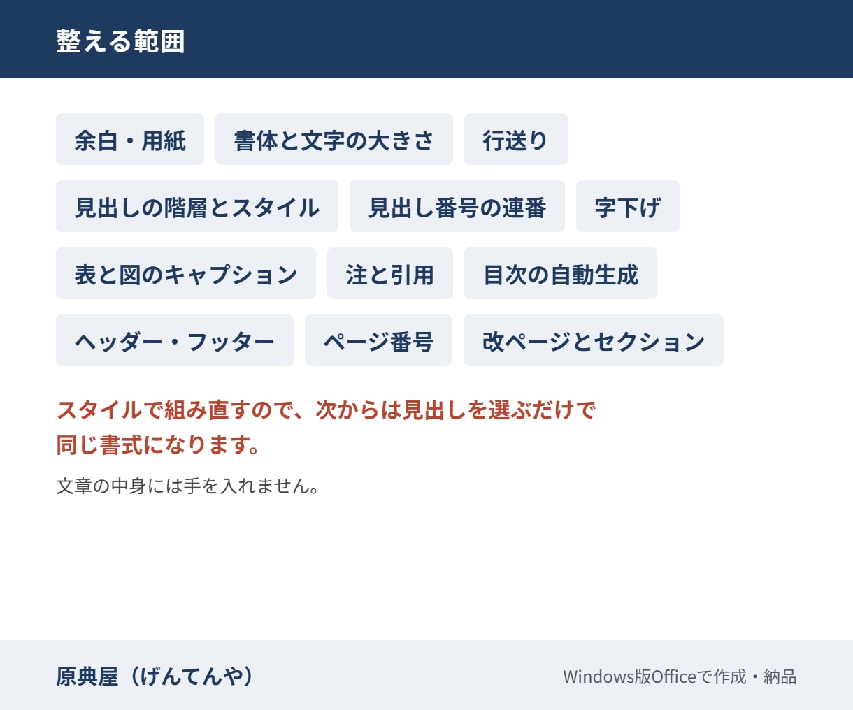 規程どおりにWordの書式を整えます 余白・書体・見出し番号を全ページ全数で点検します イメージ4