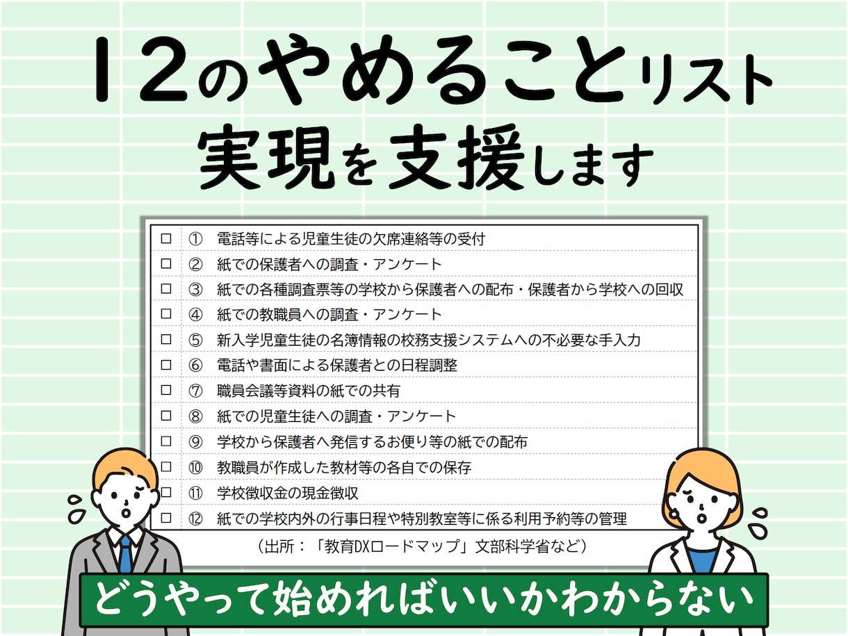 12のやめることリストの実現を支援します ～校務DXで何をしていいかわからずお困りの先生へ～ イメージ1