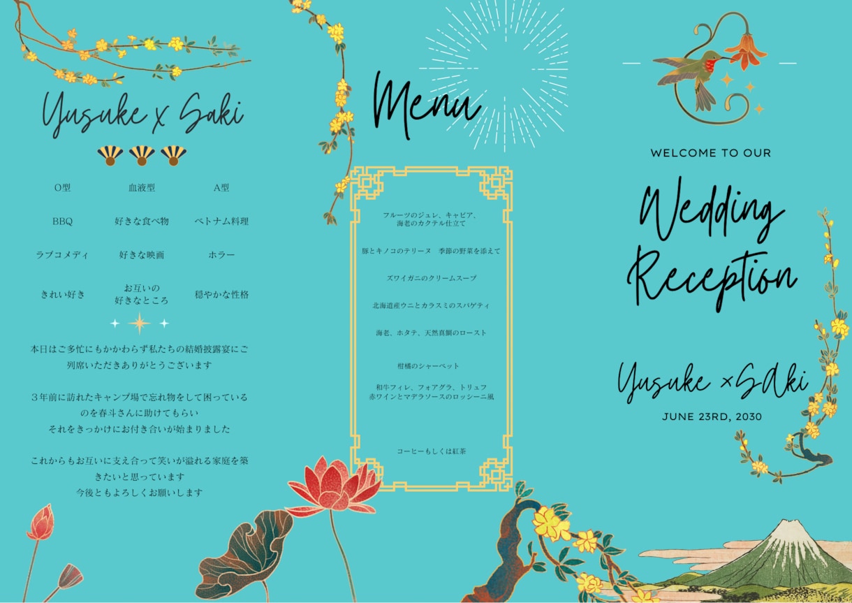 結婚式のメニューシートと席次表をデザインします カラフルなでオシャレな3つ折りメニューシートと席次表！ イメージ4