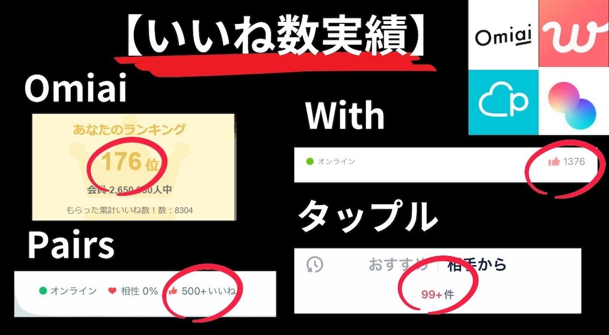 マッチングアプリで恋人作りお手伝いします Pairsいいね数500++、タップルいいね数99++ イメージ4