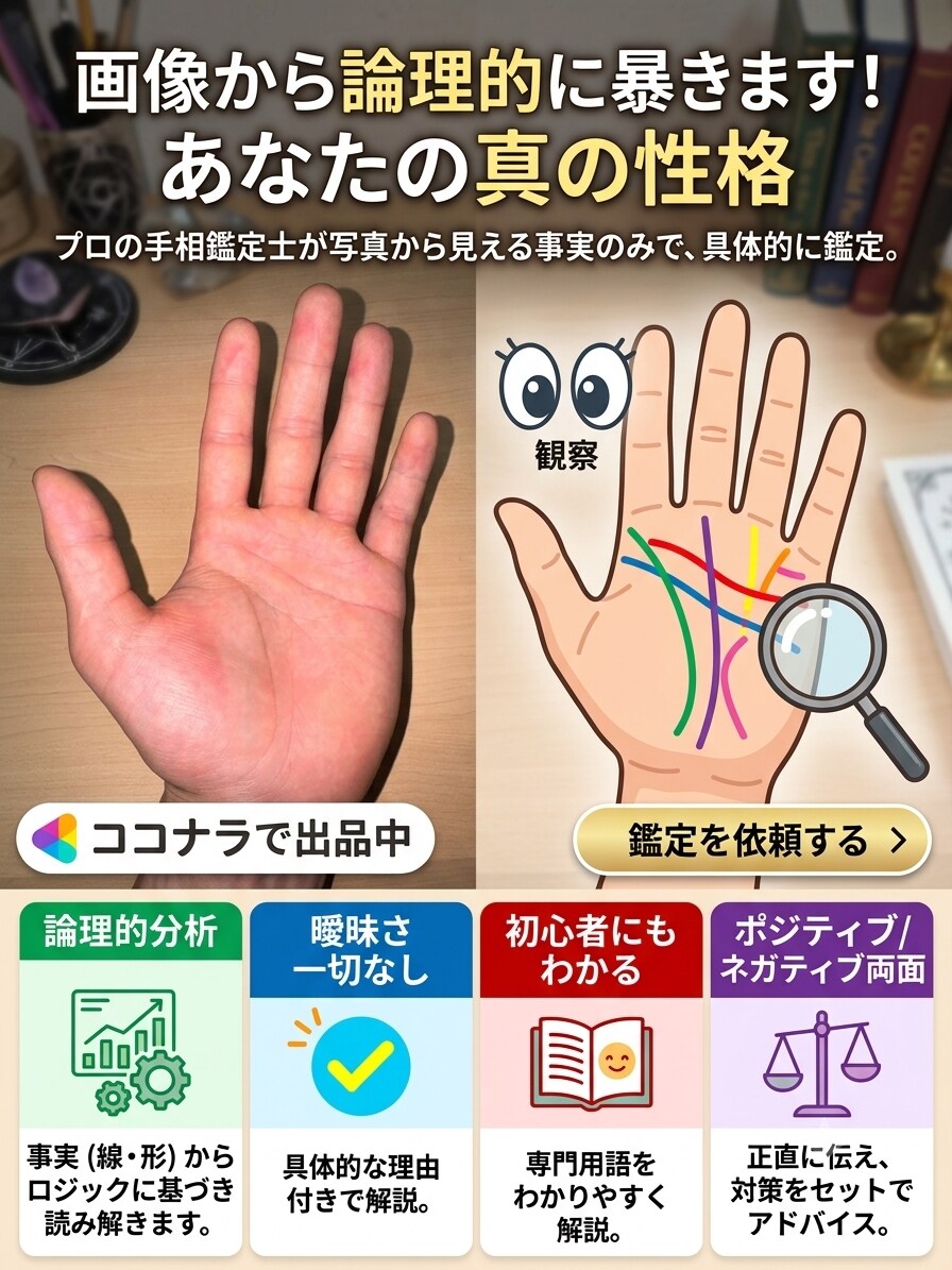 両手の写真であなたの性格と転機を暴きます 曖昧さ一切なし、写真から見える事実と理由付きで鑑定します イメージ2