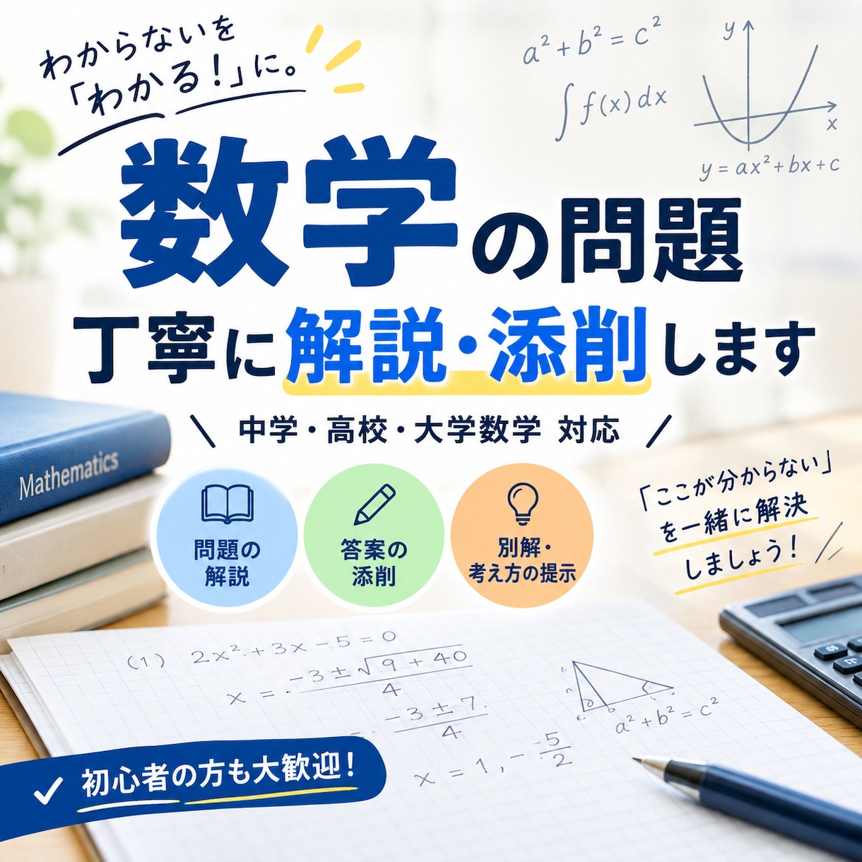 数学の問題を丁寧に解説・添削します わからない問題を理解できるまで丁寧にサポート イメージ1