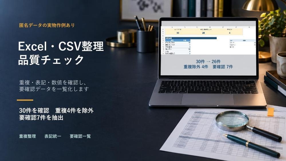 Excel・CSVの重複や表記を整理します 元データを残し、処理履歴と要確認一覧まで納品 イメージ1