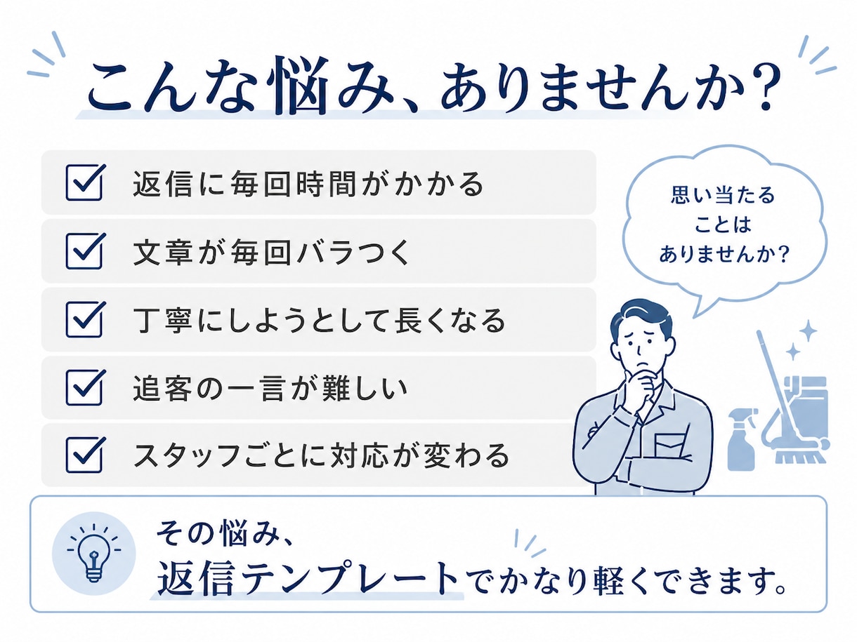 ハウスクリーニングの返信迷いを減らします 問い合わせなど、よくある返信文をすぐ探して使えます イメージ1