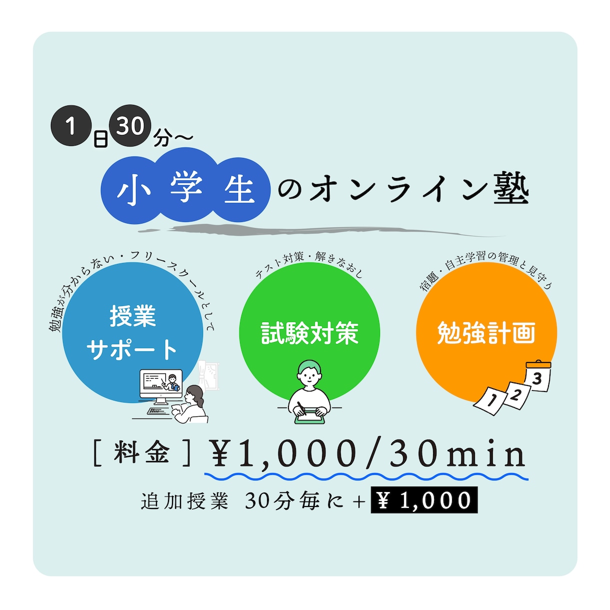 1日30分から！小学生の勉強の見守りと管理をします 授業から宿題管理まで一人一人に合わせてサポートします イメージ1