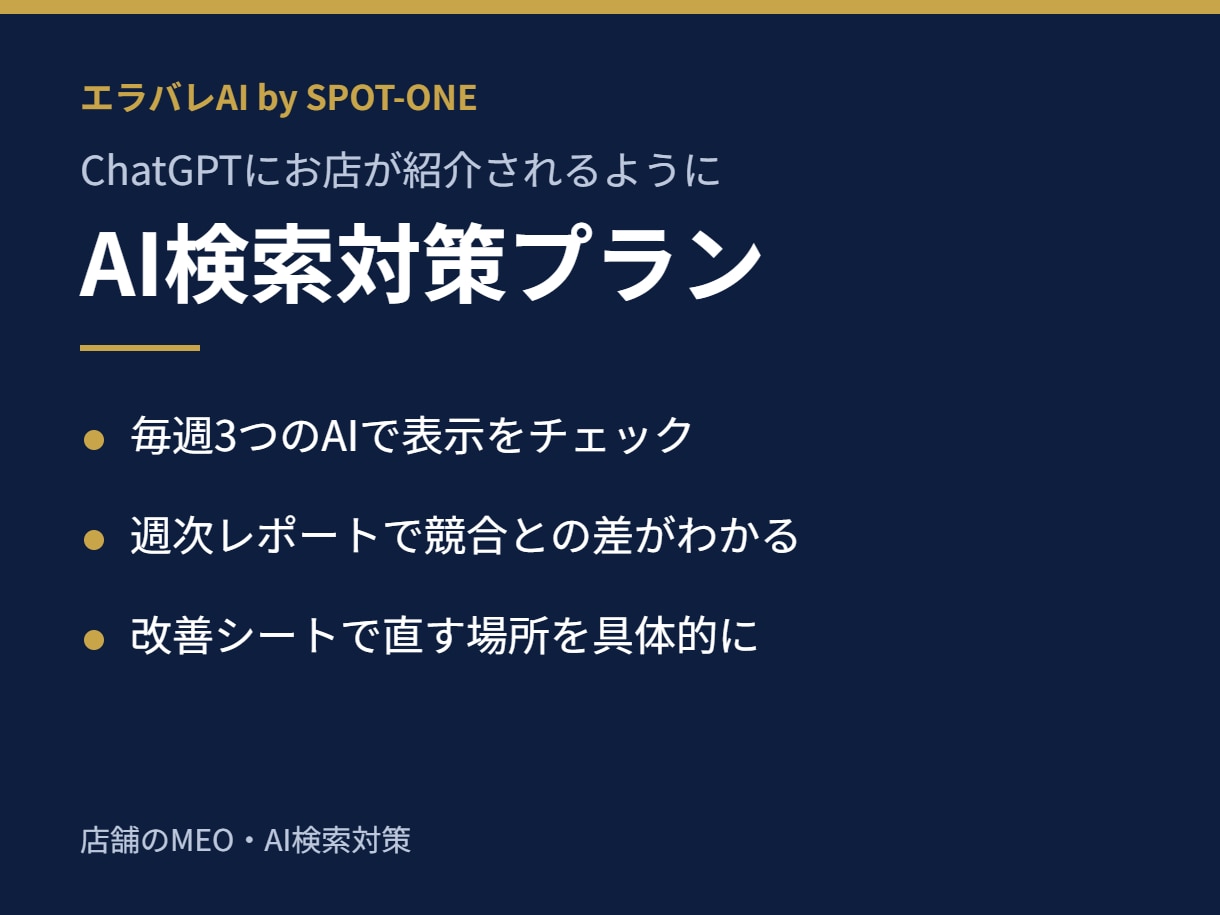 ChatGPTにお店が紹介されるよう対策します 毎週3つのAIで表示を確認し、改善点をお伝えします イメージ1