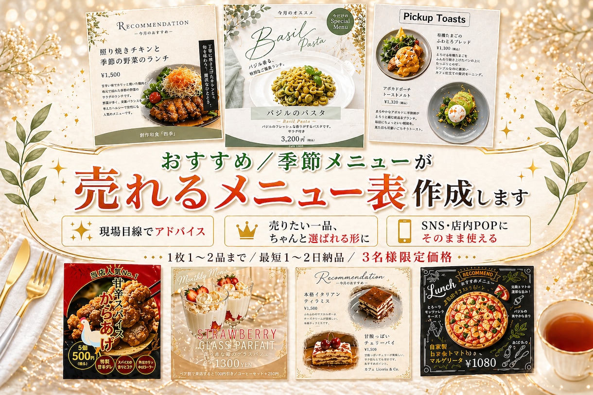 限定価格/即納！頼まれるおすすめメニュー表作ります 売り出したい一品を魅力的に/SNS投稿・店内POPで集客UP イメージ1