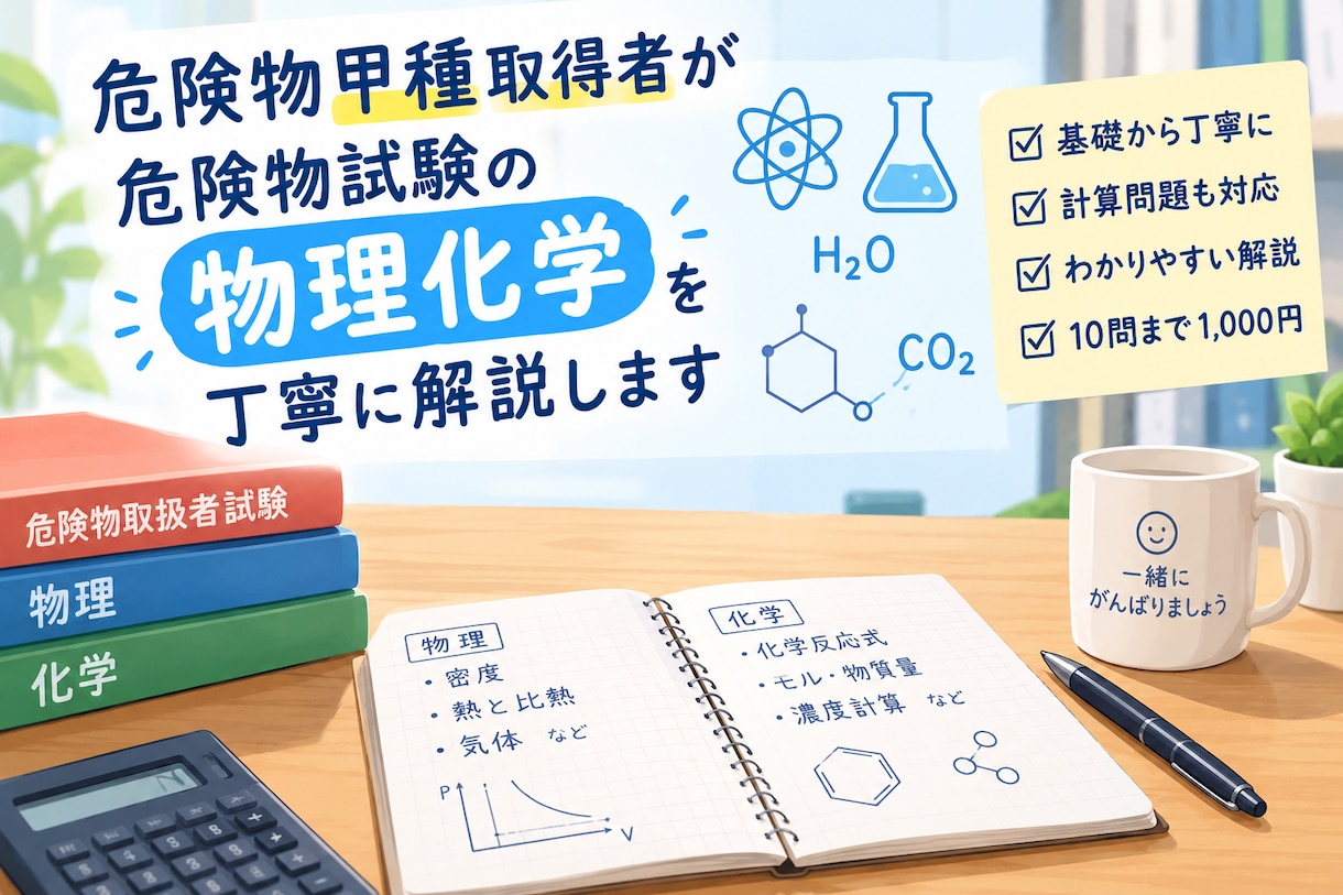 危険物乙4・甲種の物理・化学の質問に答えます 危険物甲種取得者が、危険物試験の物理化学を丁寧に解説します イメージ1
