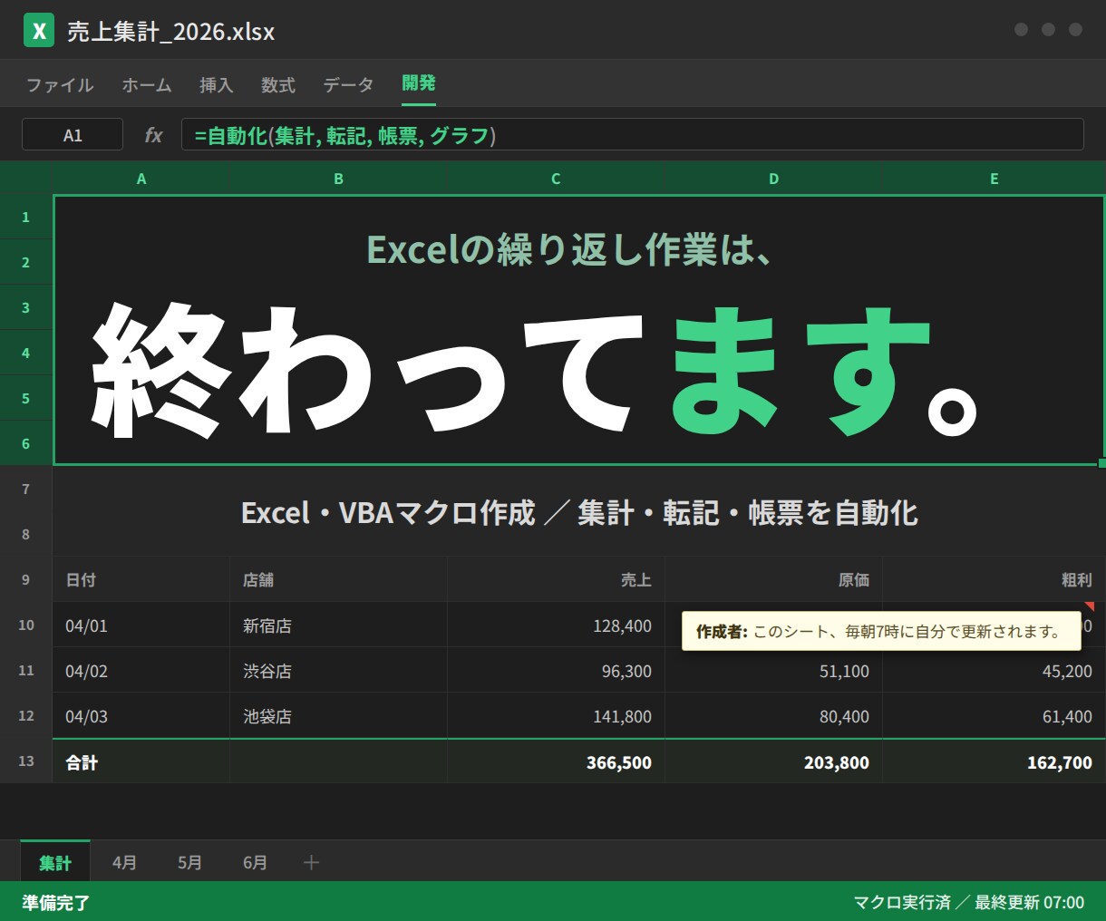 Excelの繰り返し作業をVBAで自動化します 毎月3時間の集計作業を、ボタン1つで終わらせます イメージ1