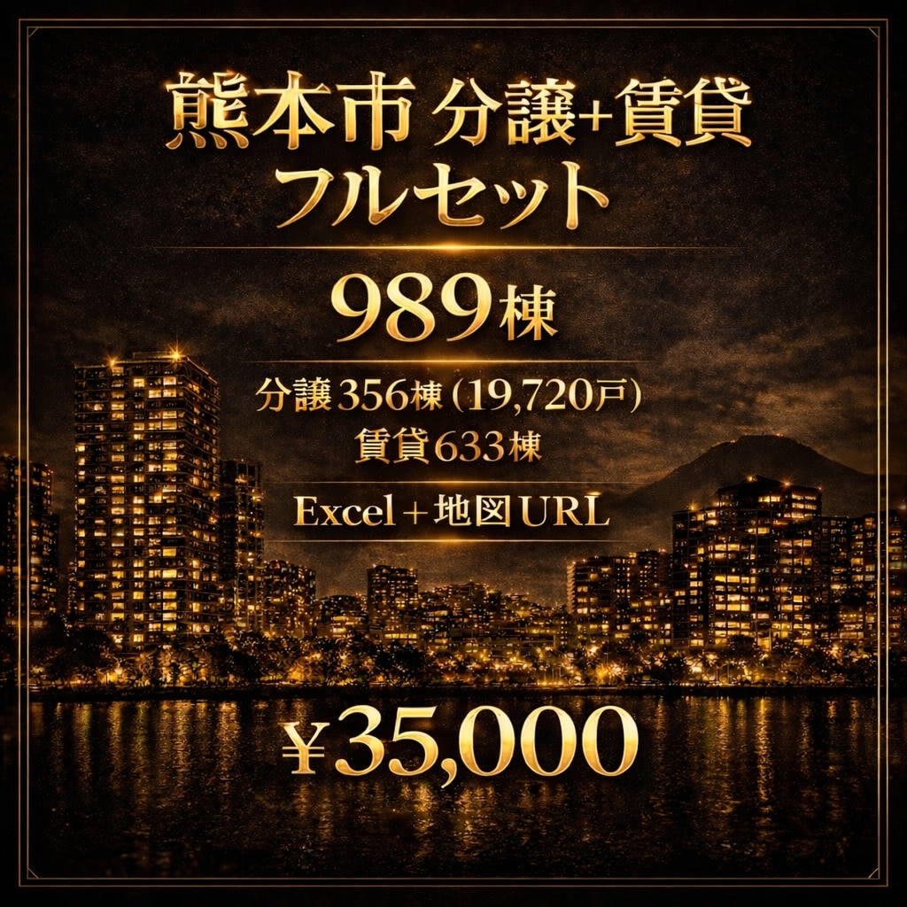 熊本市賃貸分譲マンションデータ(地図)販売します 地図で可視化。賃貸/分譲切替、分譲は戸数+築年入力済 イメージ1