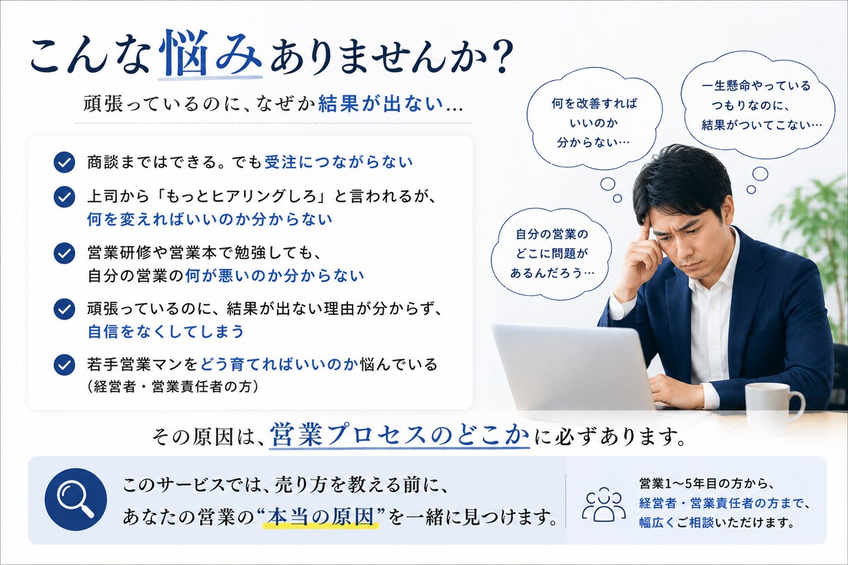 営業で売れない原因を90分で診断します 売り方を教える前に、売れない理由から一緒に探します イメージ2